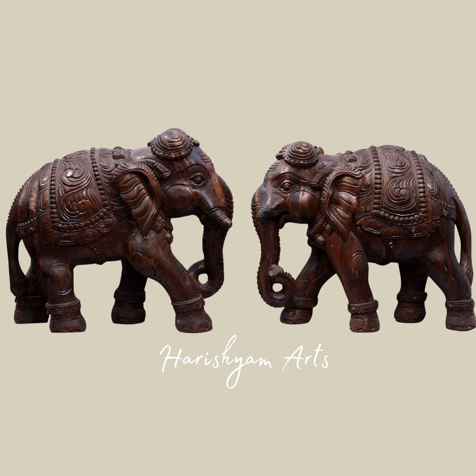 16" Handcrafted Pair of Carved Wooden Elephants for Home Display