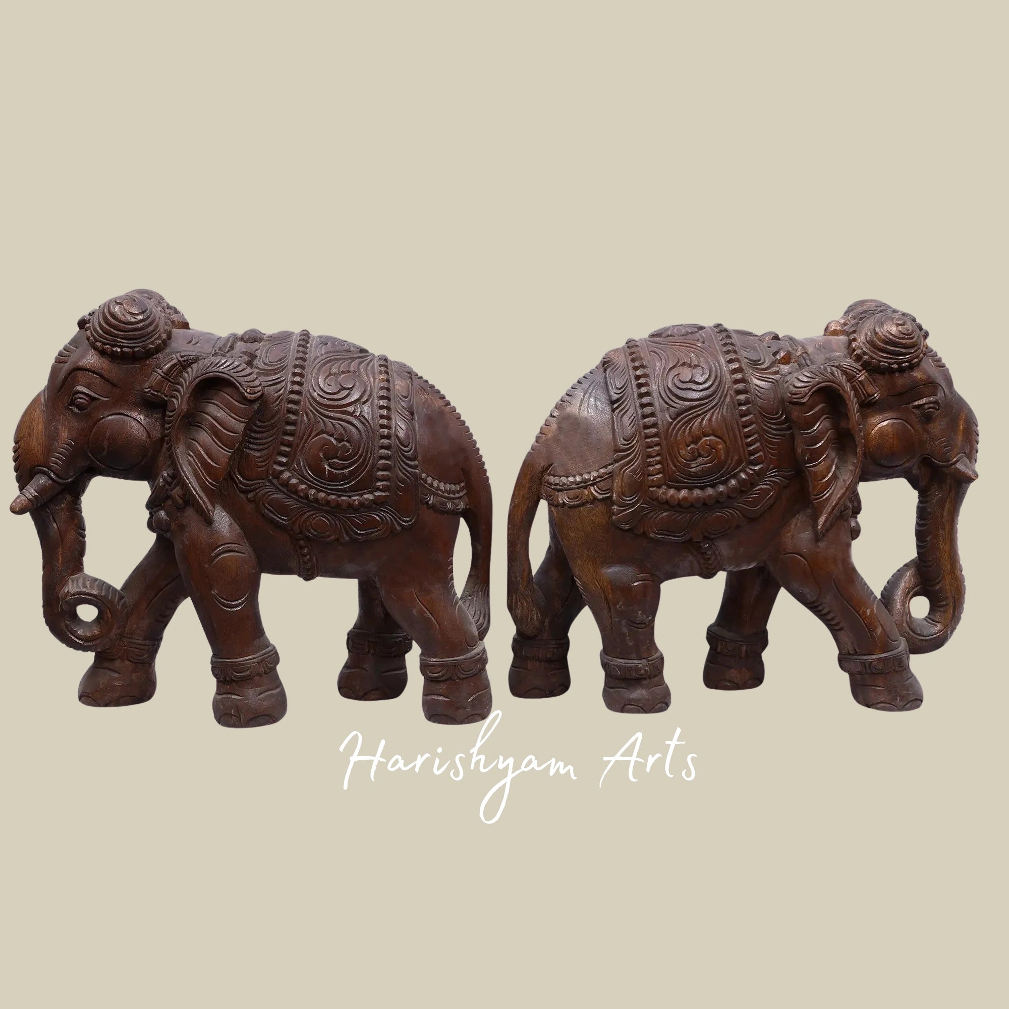 16" Handcrafted Pair of Carved Wooden Elephants for Home Display
