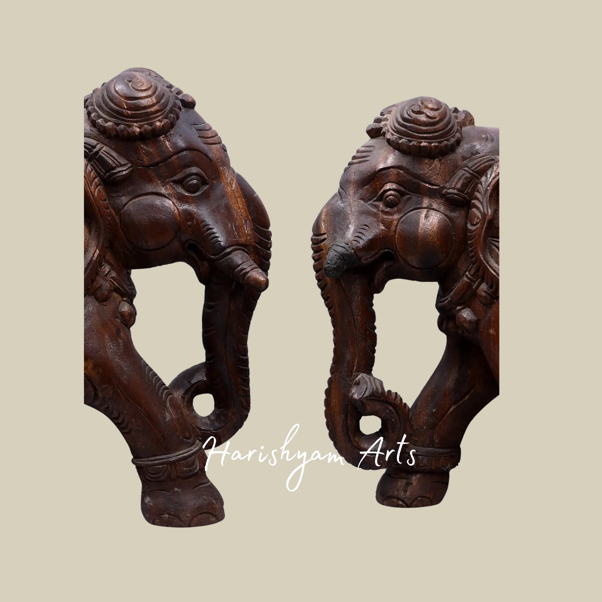 16" Handcrafted Pair of Carved Wooden Elephants for Home Display