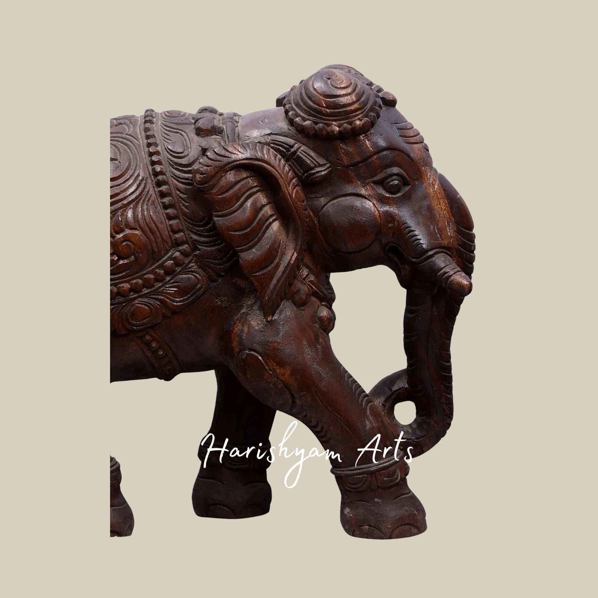 16" Handcrafted Pair of Carved Wooden Elephants for Home Display