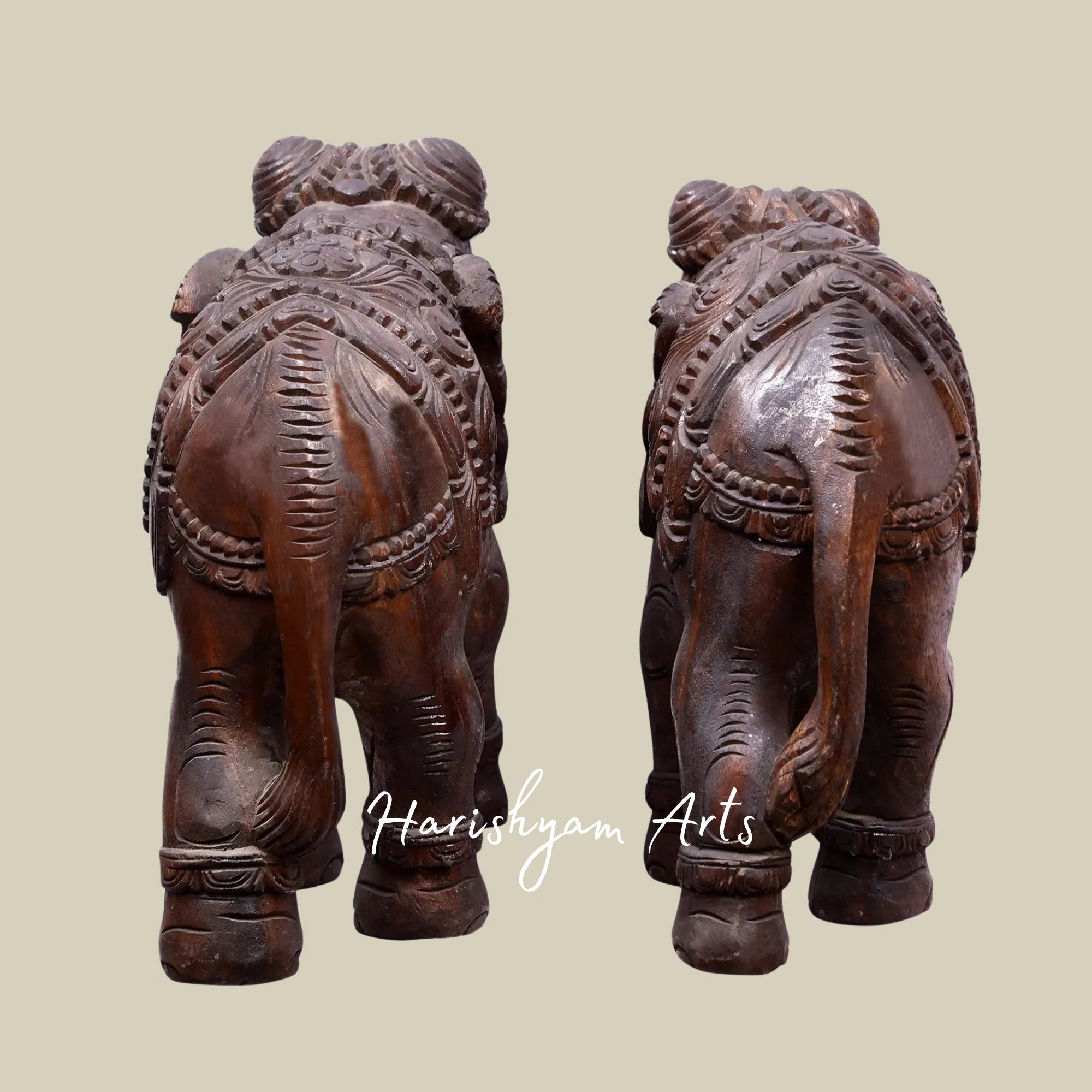 16" Handcrafted Pair of Carved Wooden Elephants for Home Display