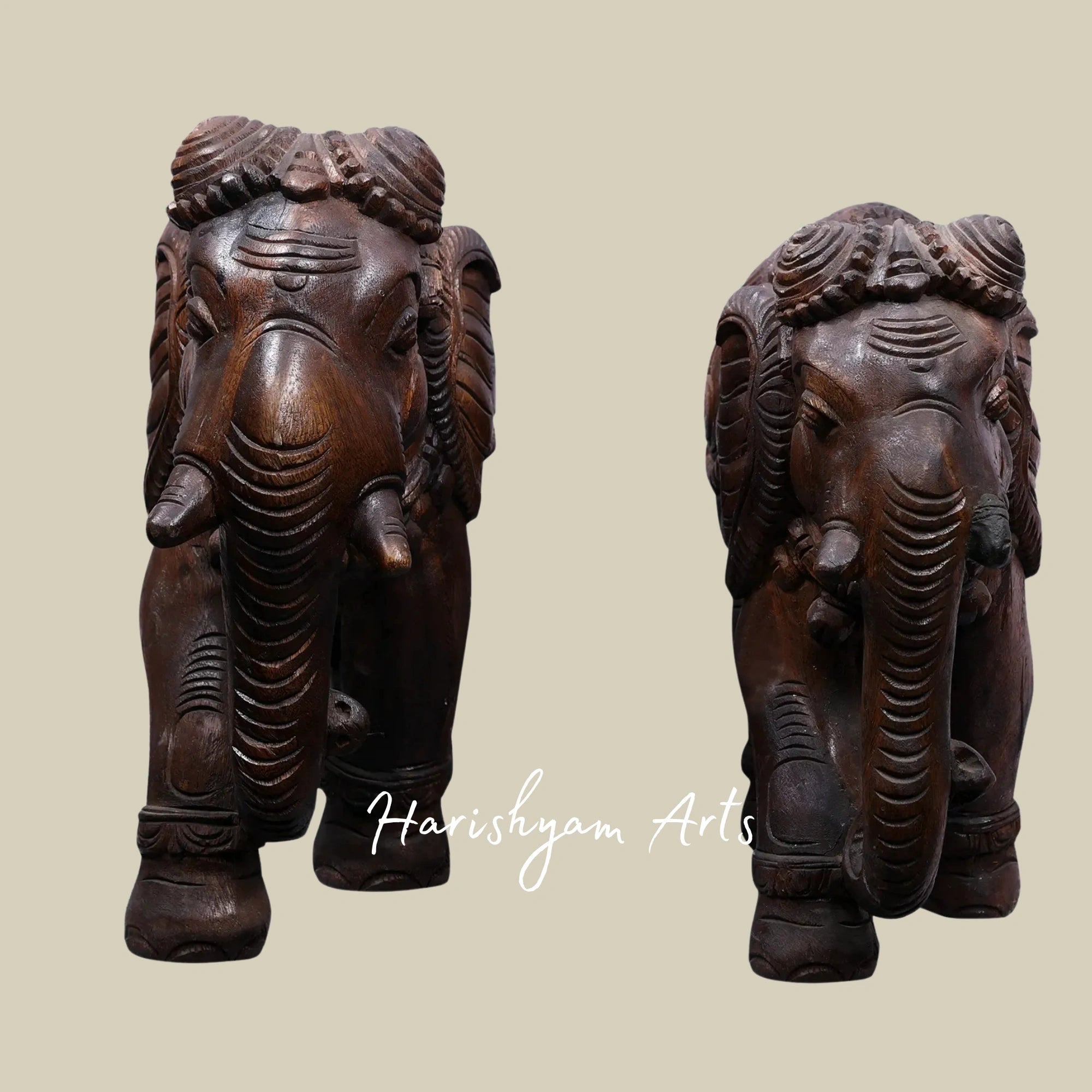 16" Handcrafted Pair of Carved Wooden Elephants for Home Display