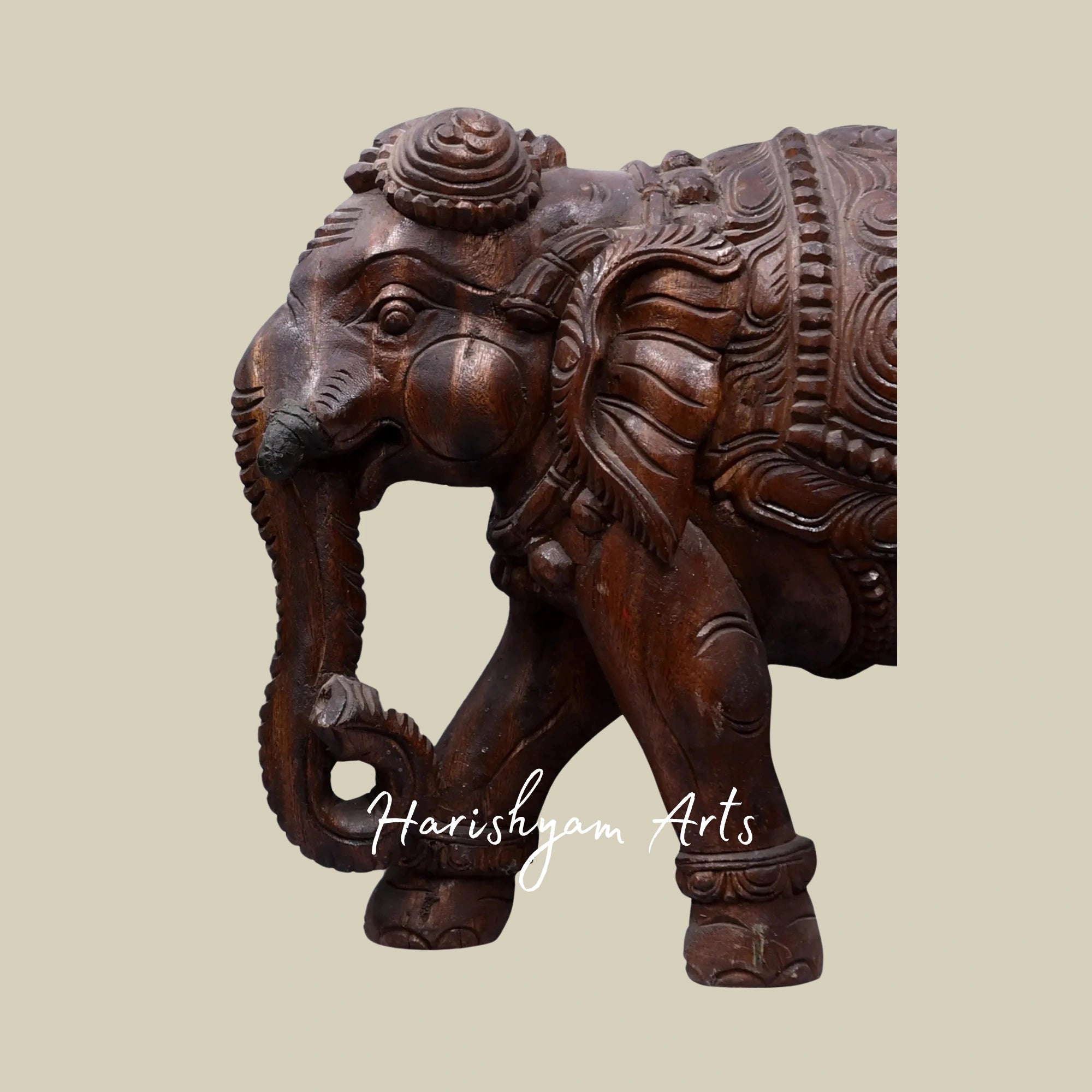 16" Handcrafted Pair of Carved Wooden Elephants for Home Display