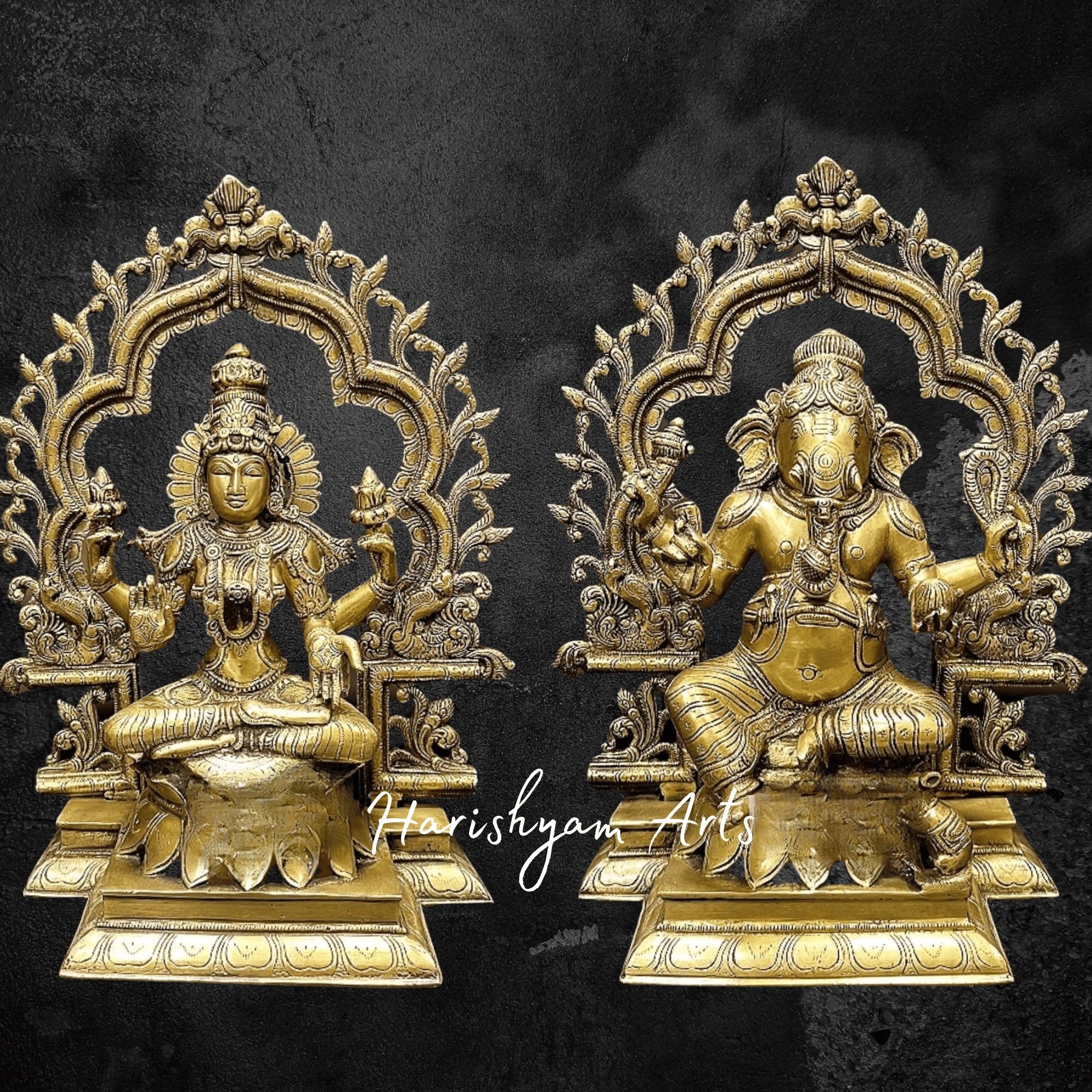 16" Laxmi Ganesh Idol in Pure Brass with Divine Carvings2