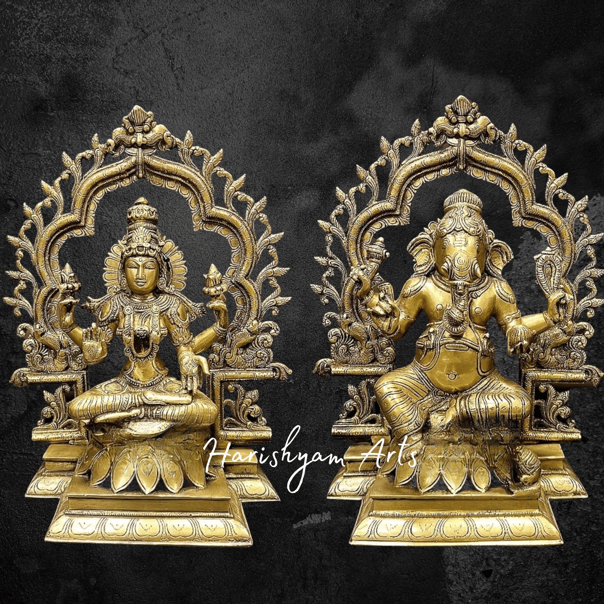 16" Laxmi Ganesh Idol in Pure Brass with Divine Carvings3