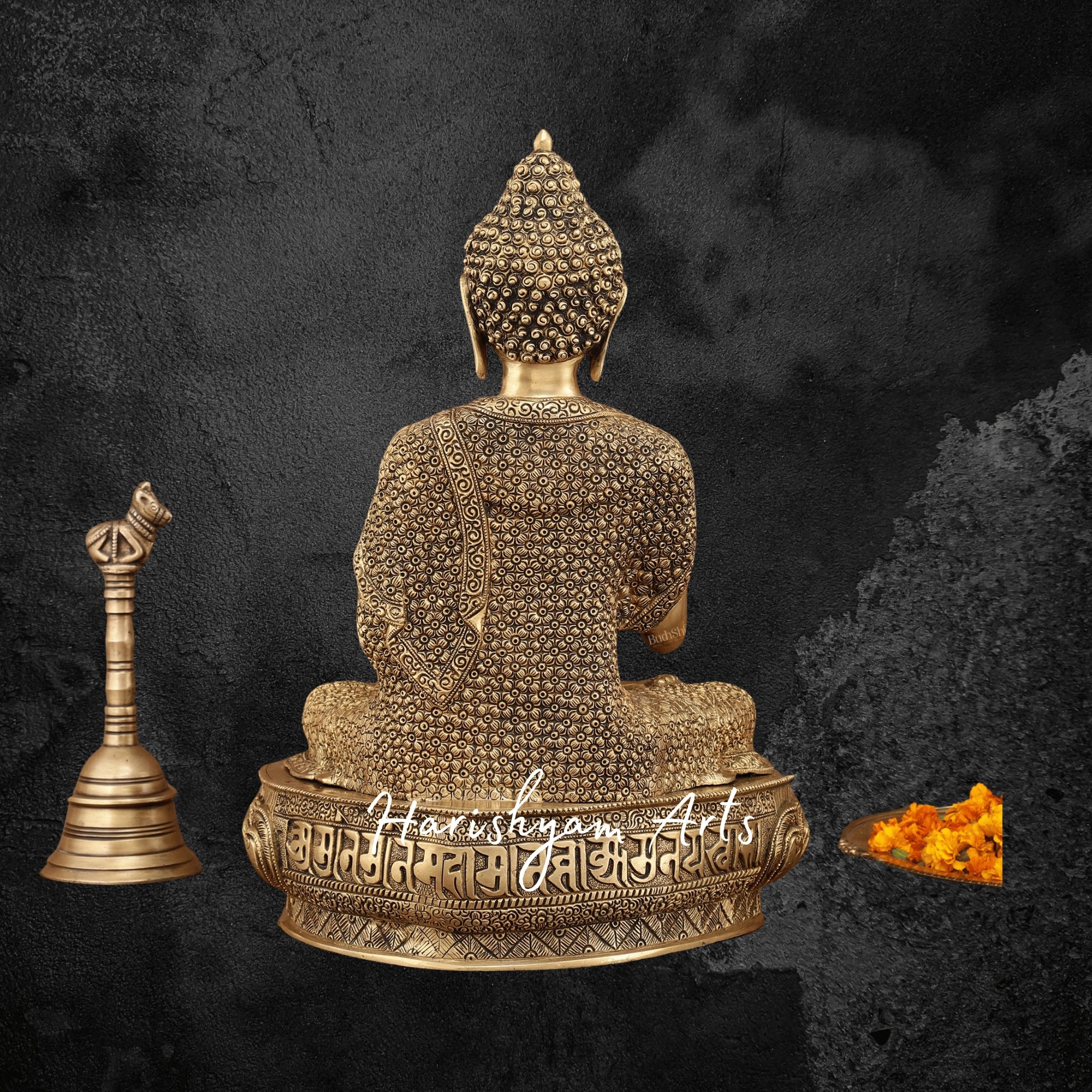 16" Meditation Pose Brass Buddha Idol in Blessing Mudra with Exquisite Detailing