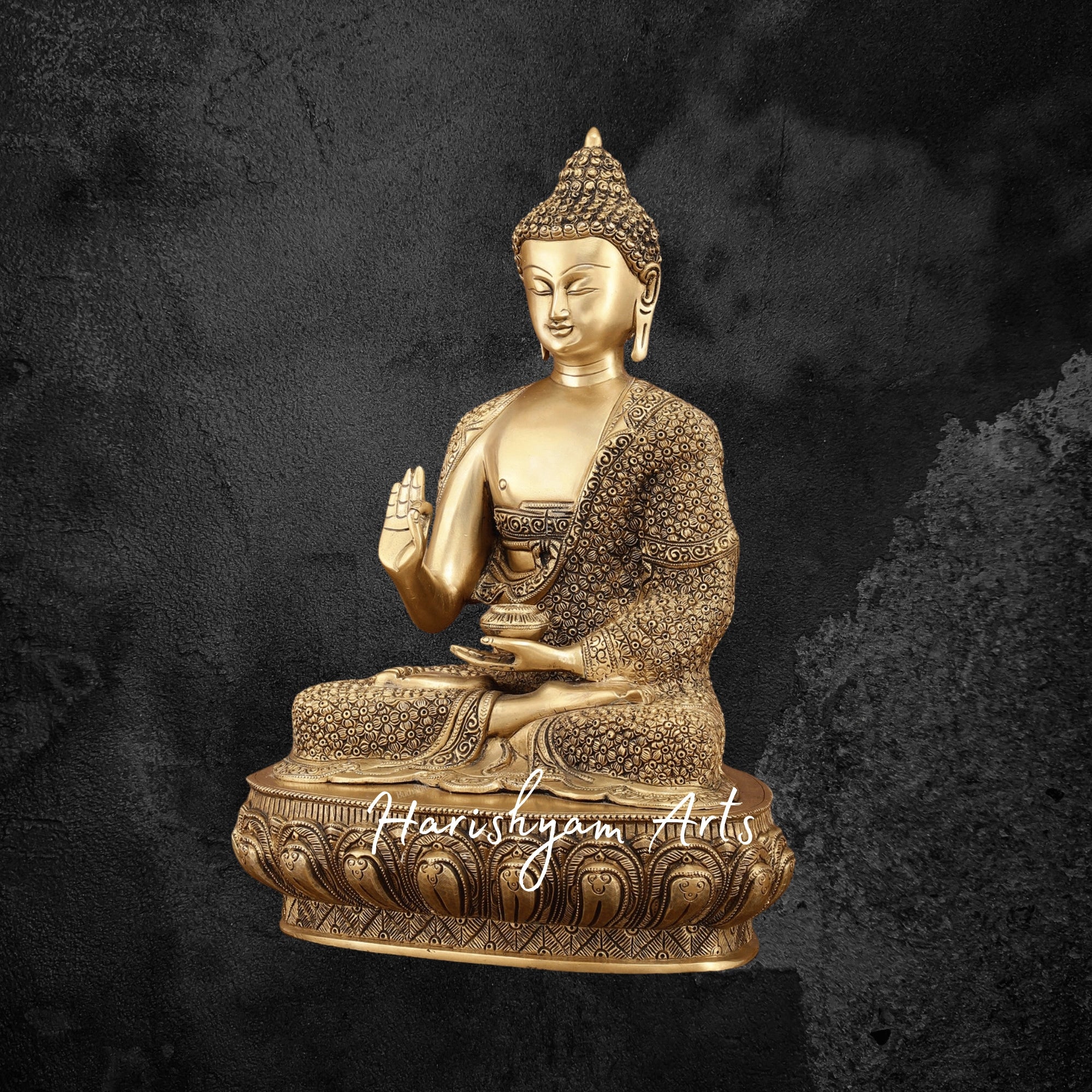 16" Meditation Pose Brass Buddha Idol in Blessing Mudra with Exquisite Detailing
