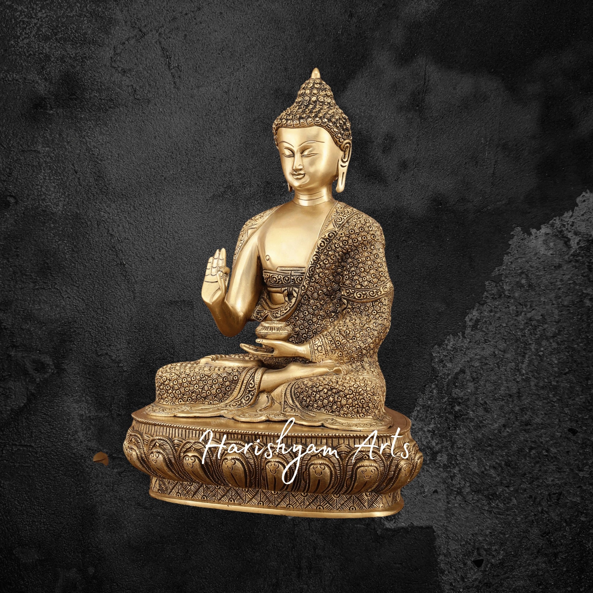 16" Meditation Pose Brass Buddha Idol in Blessing Mudra with Exquisite Detailing