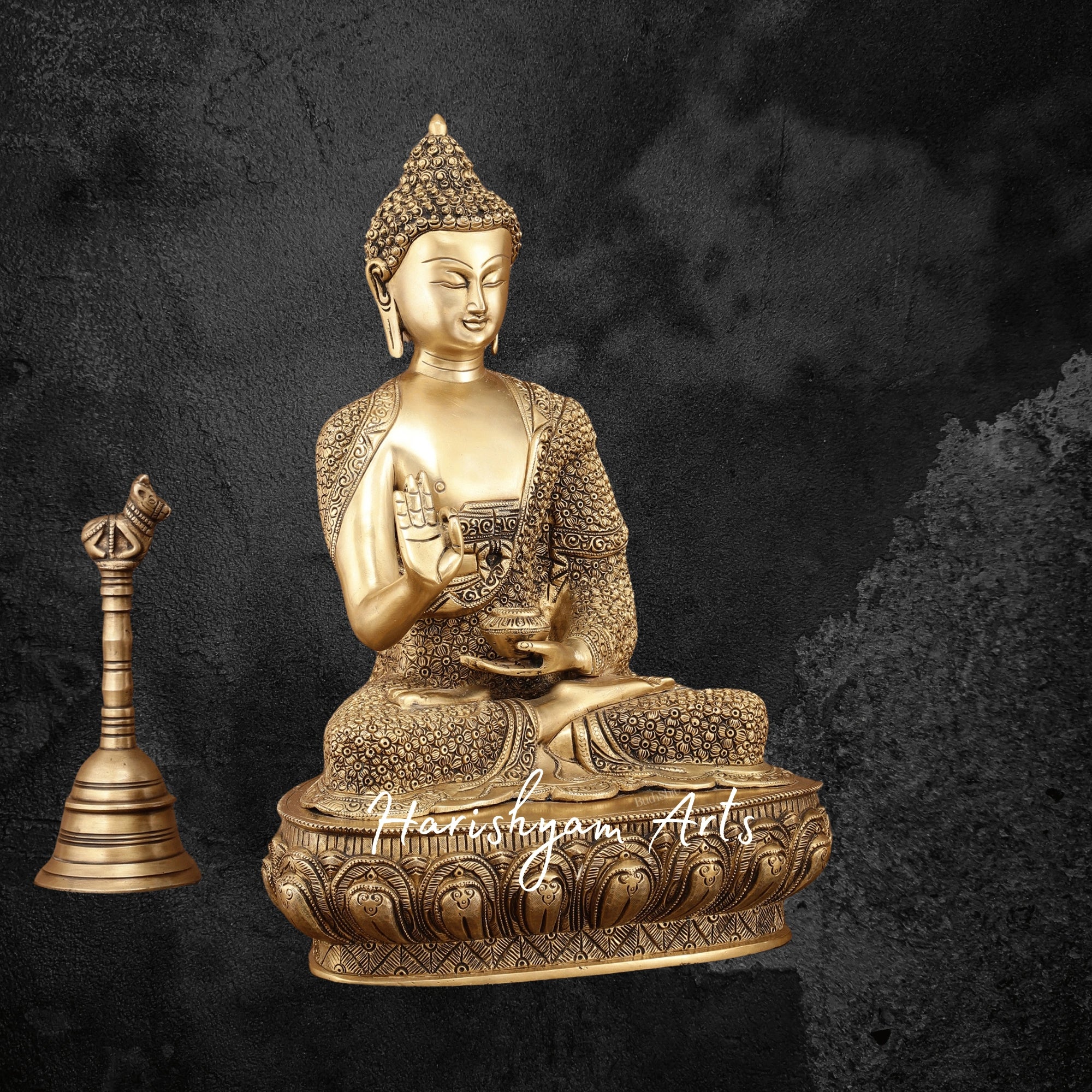 16" Meditation Pose Brass Buddha Idol in Blessing Mudra with Exquisite Detailing