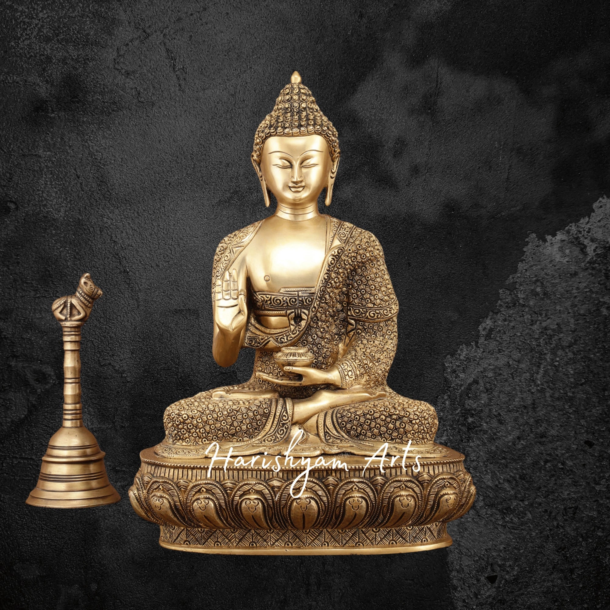 16" Meditation Pose Brass Buddha Idol in Blessing Mudra with Exquisite Detailing