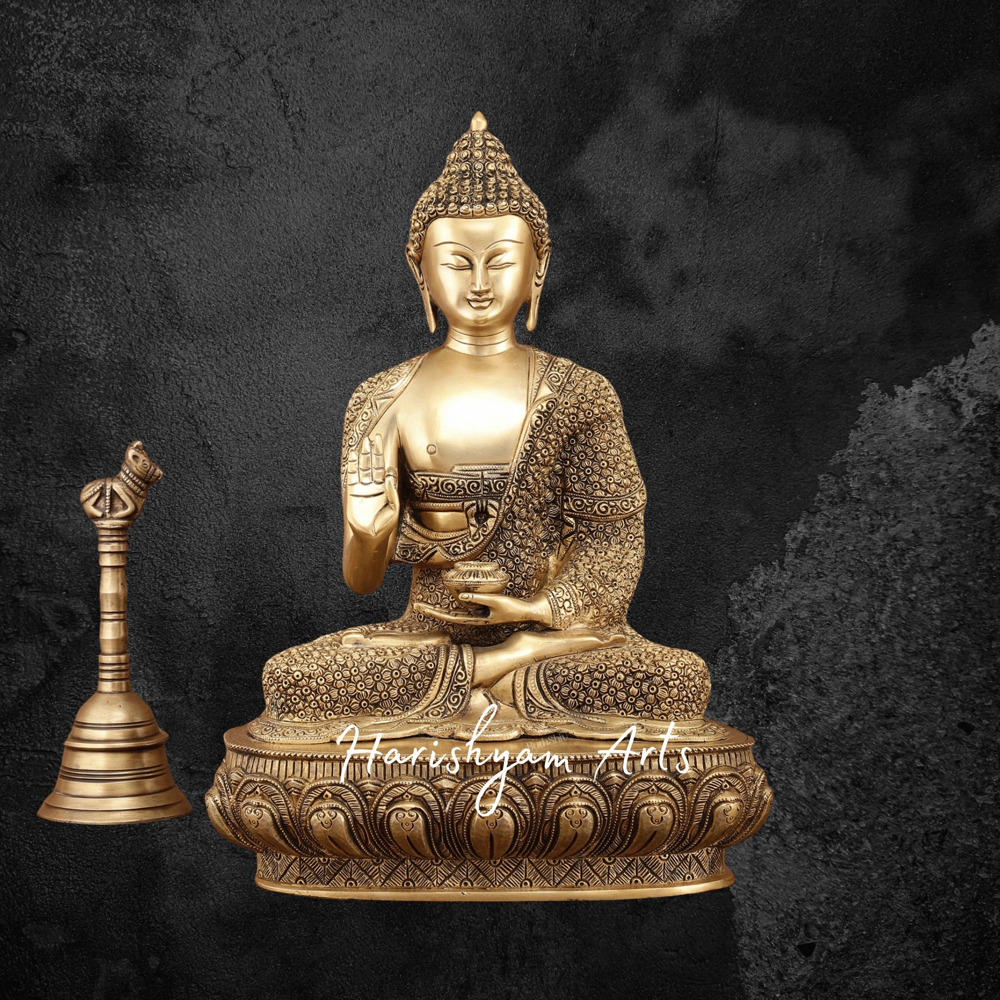 16" Meditation Pose Brass Buddha Idol in Blessing Mudra with Exquisite Detailing