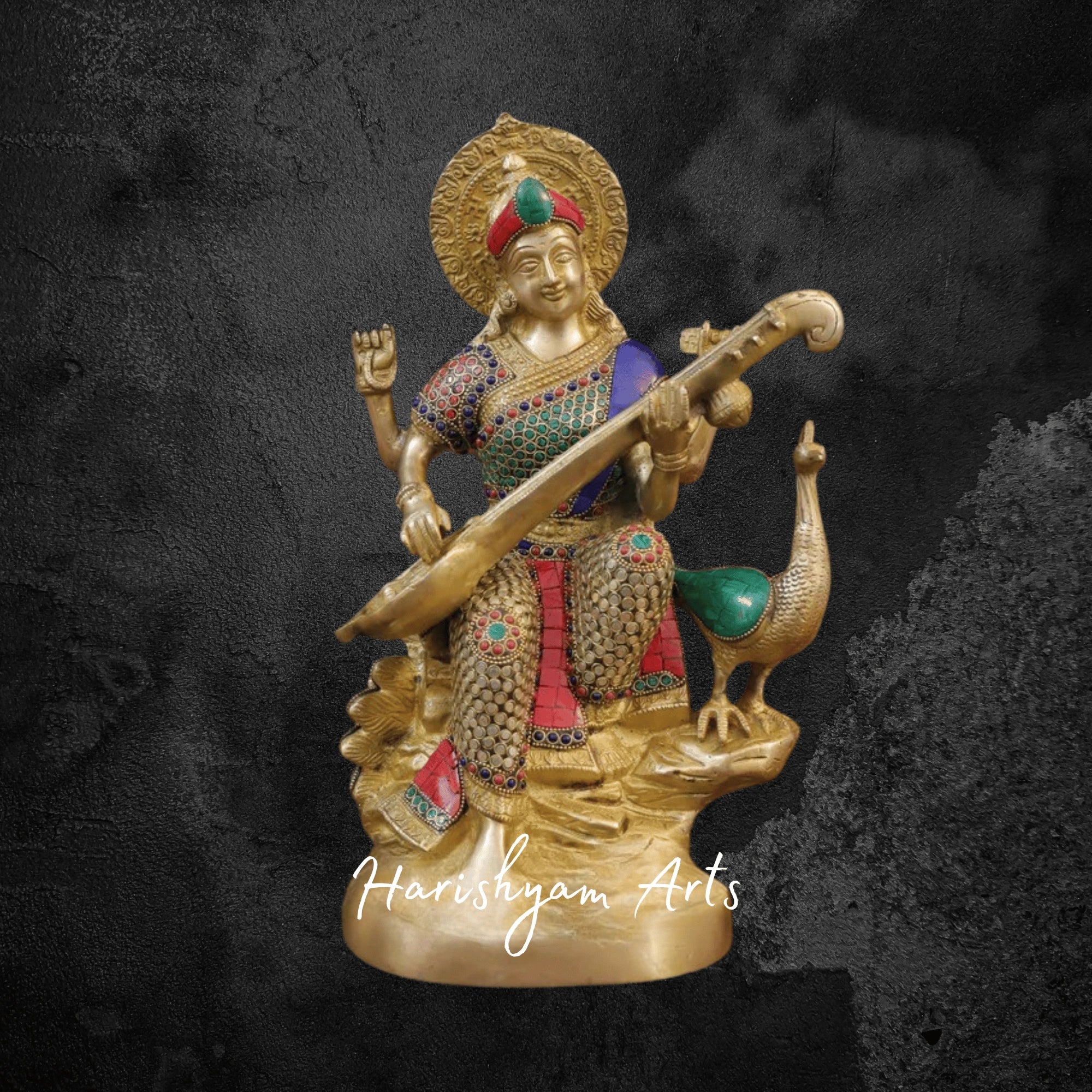 16" Pure Brass Goddess Saraswati Murti in Superfine Finish with Traditional Detailing