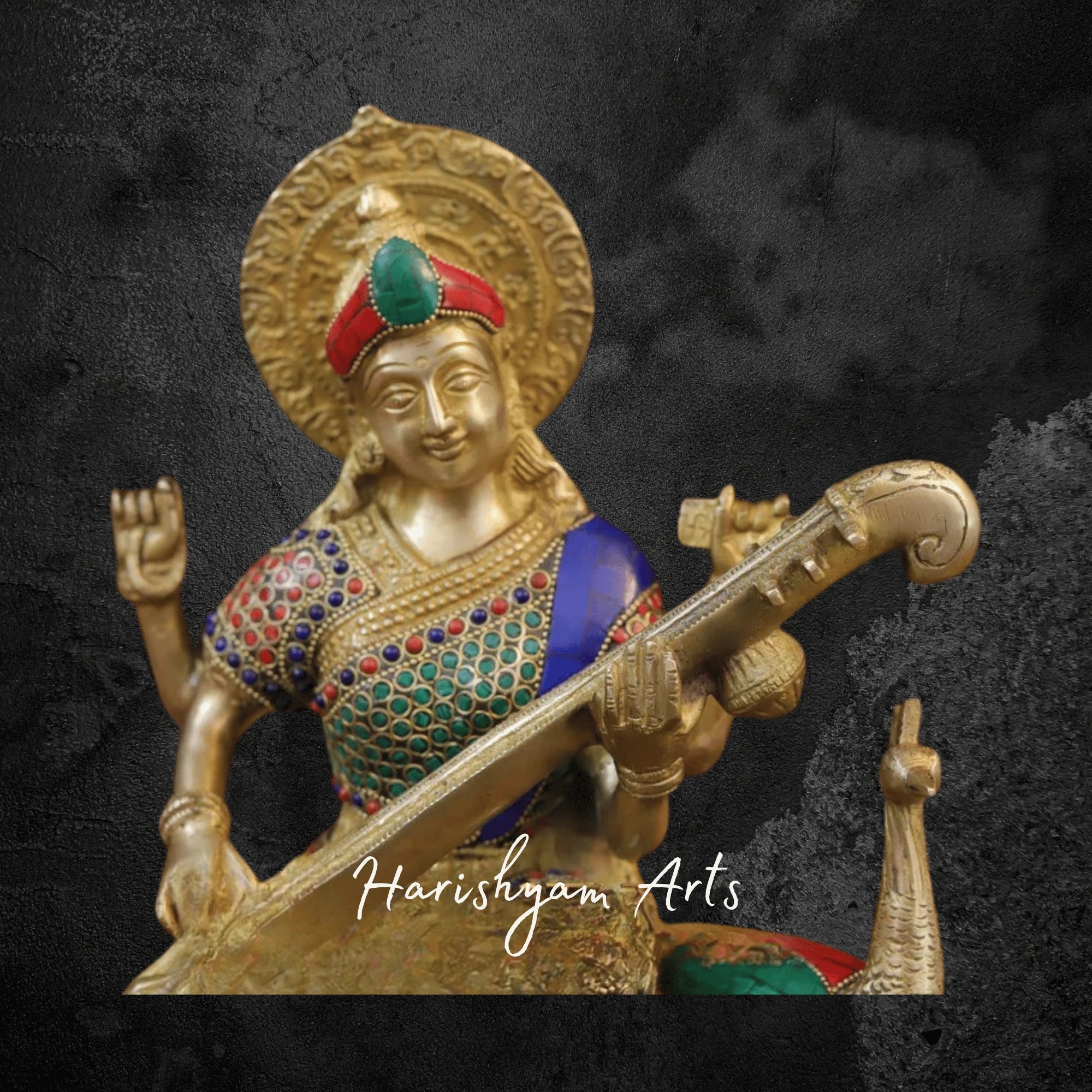 16" Pure Brass Goddess Saraswati Murti in Superfine Finish with Traditional Detailing