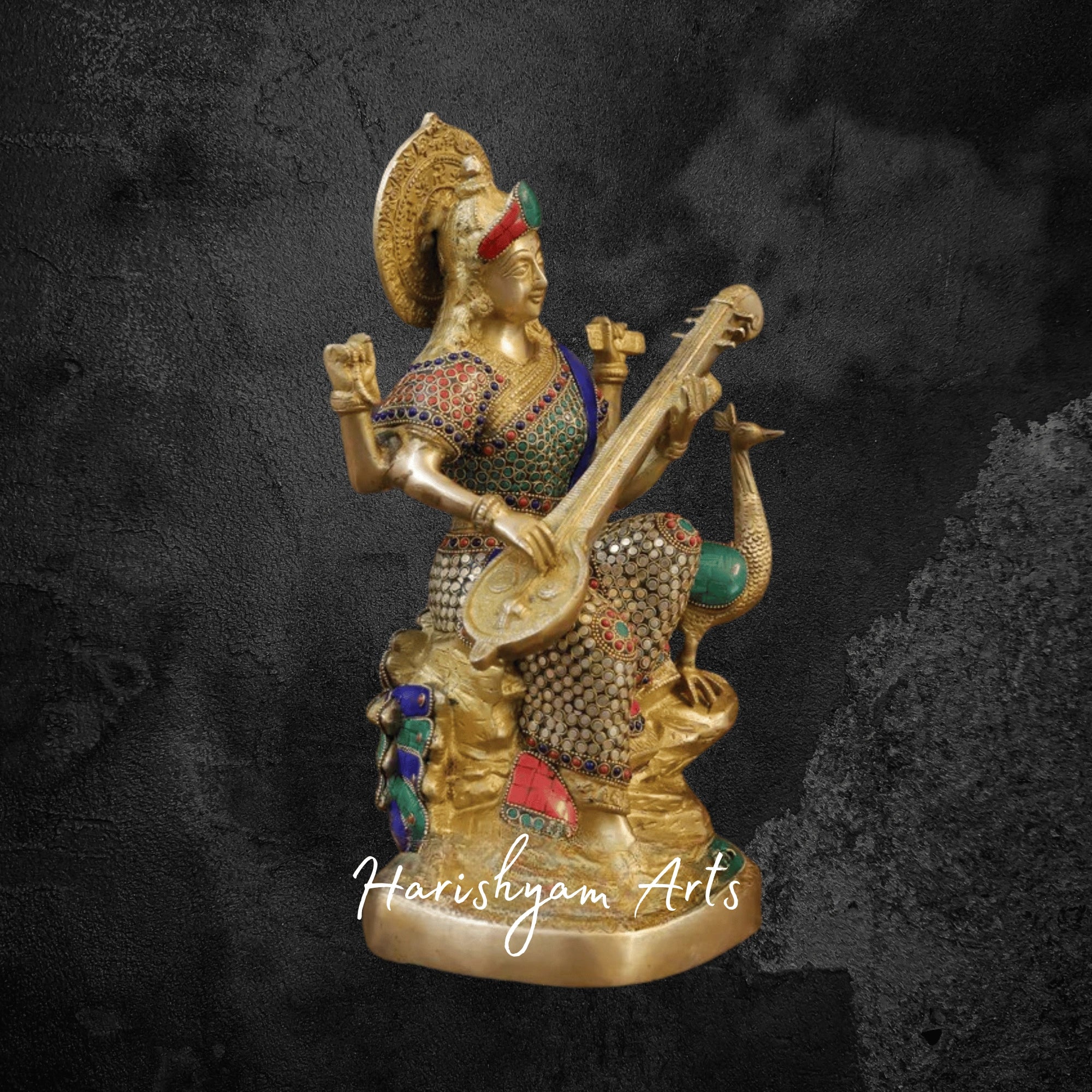 16" Pure Brass Goddess Saraswati Murti in Superfine Finish with Traditional Detailing