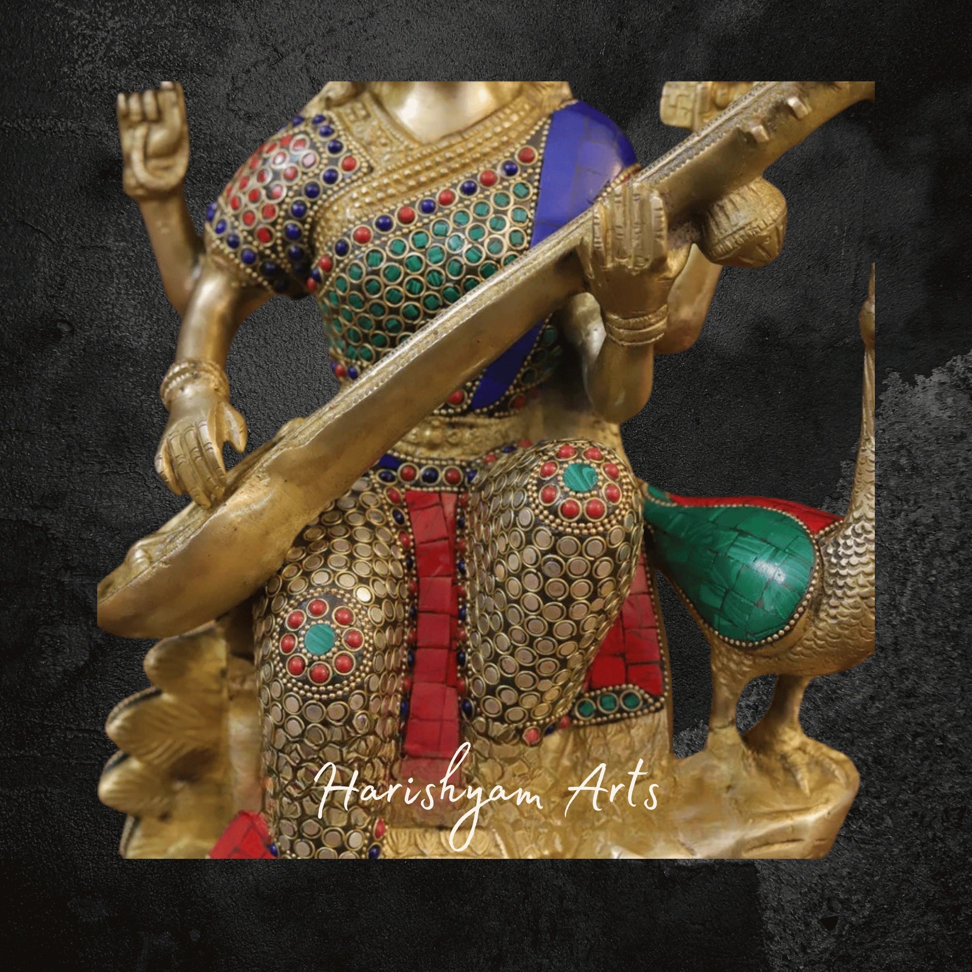 16" Pure Brass Goddess Saraswati Murti in Superfine Finish with Traditional Detailing