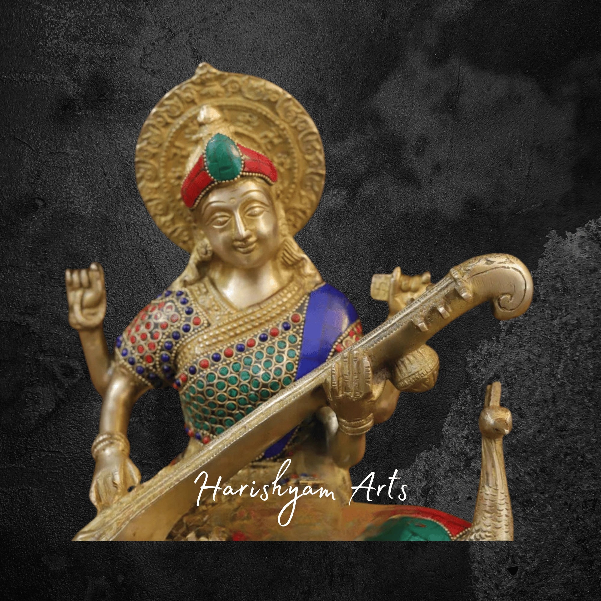 16" Pure Brass Goddess Saraswati Murti in Superfine Finish with Traditional Detailing