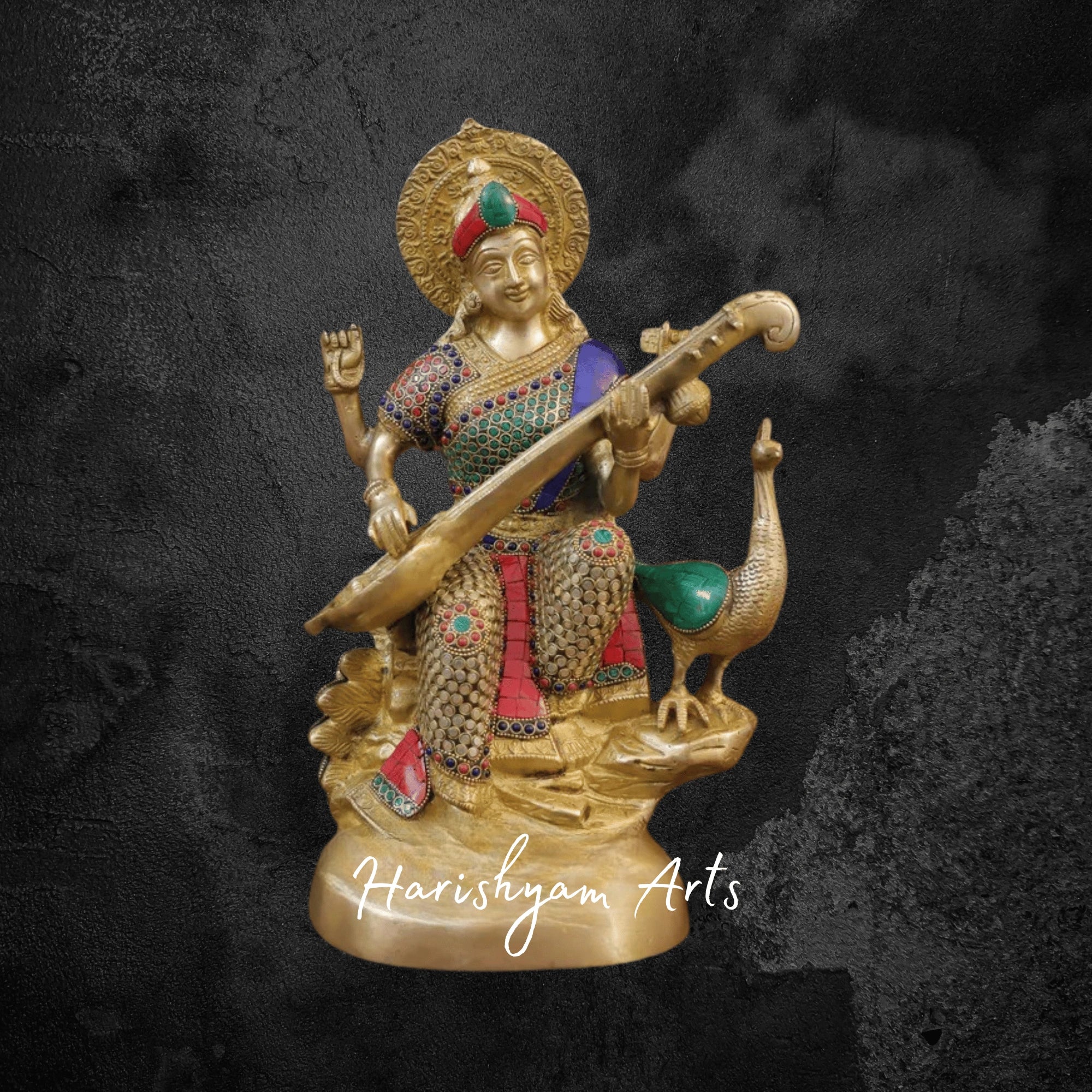 16" Pure Brass Goddess Saraswati Murti in Superfine Finish with Traditional Detailing