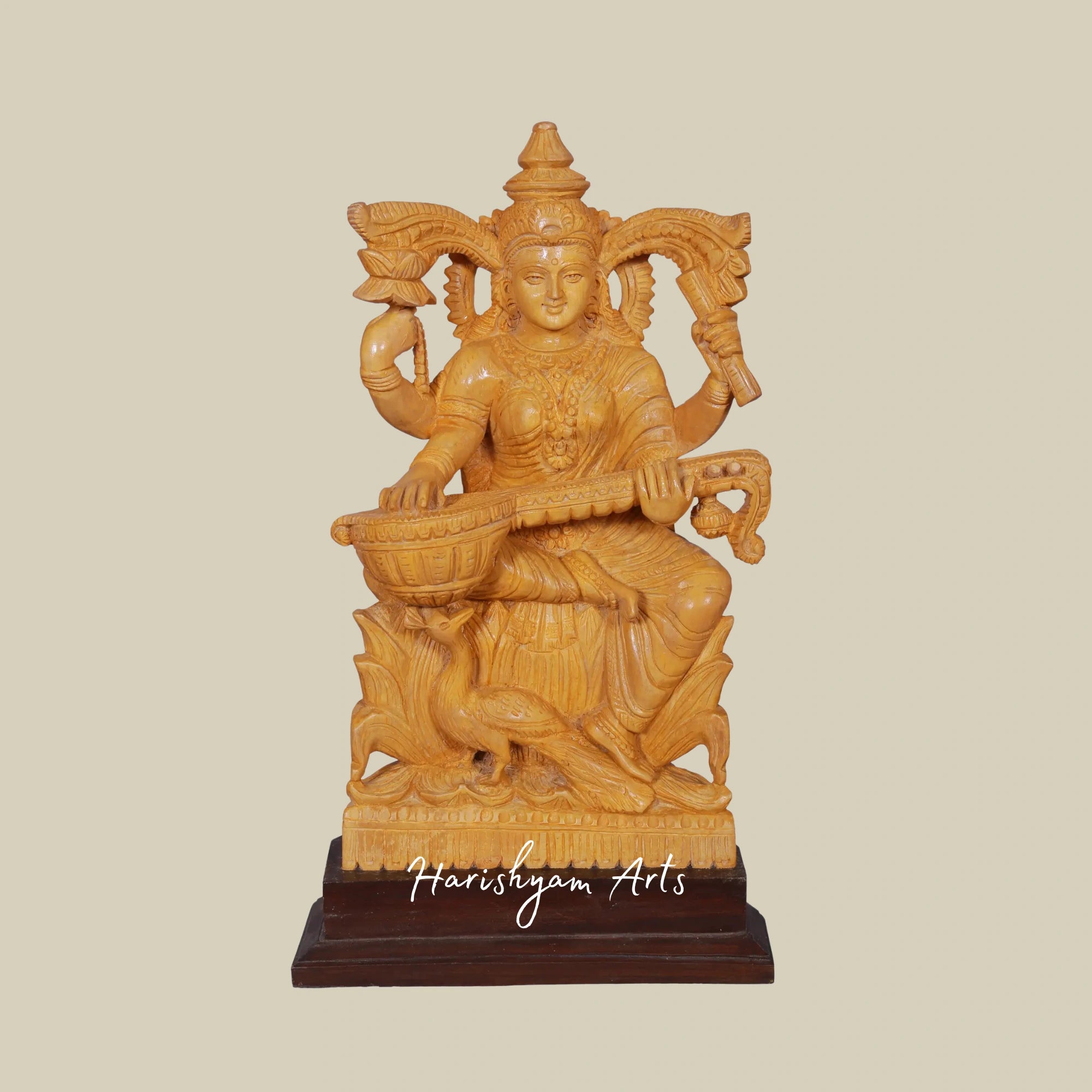 16" Wooden Saraswati Statue for Mandir with Peacock1