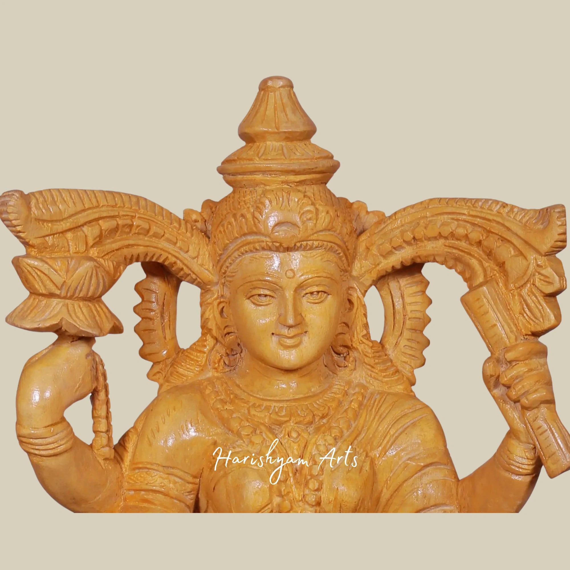 16" Wooden Saraswati Statue for Mandir with Peacock1