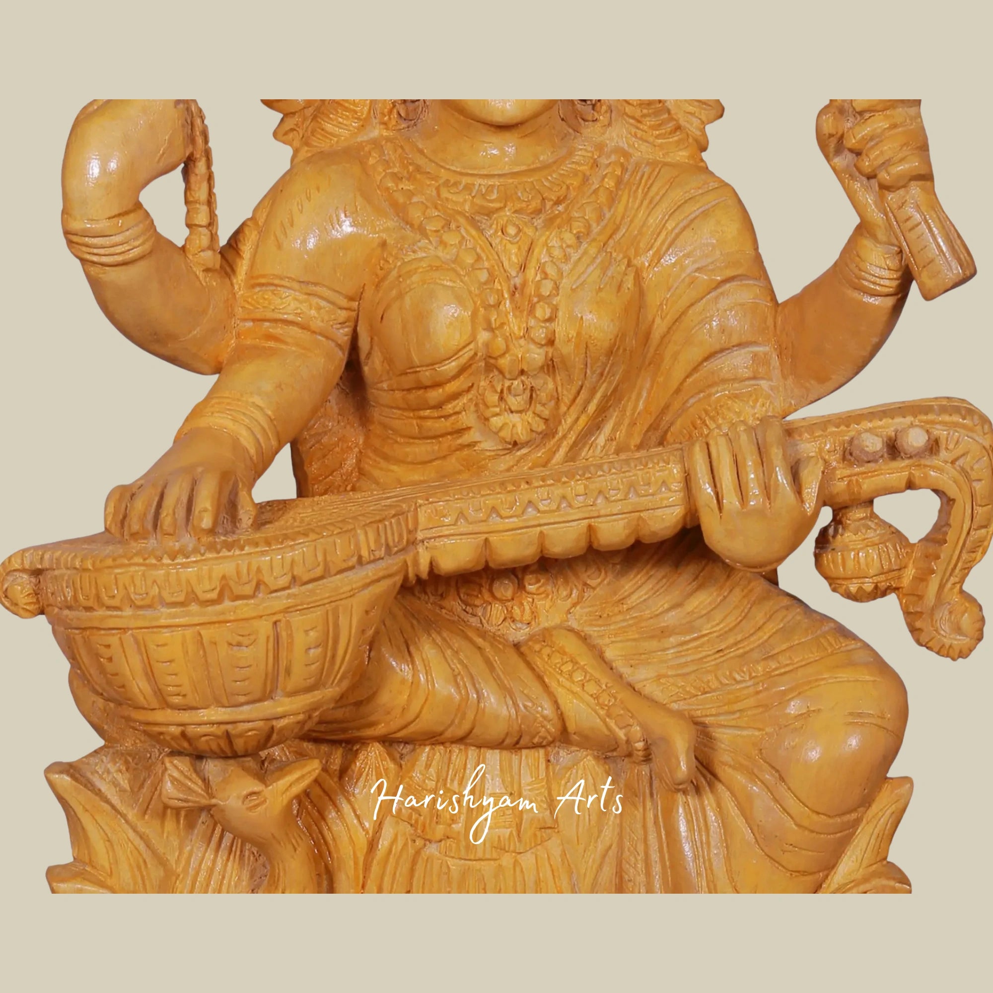 16" Wooden Saraswati Statue for Mandir with Peacock3