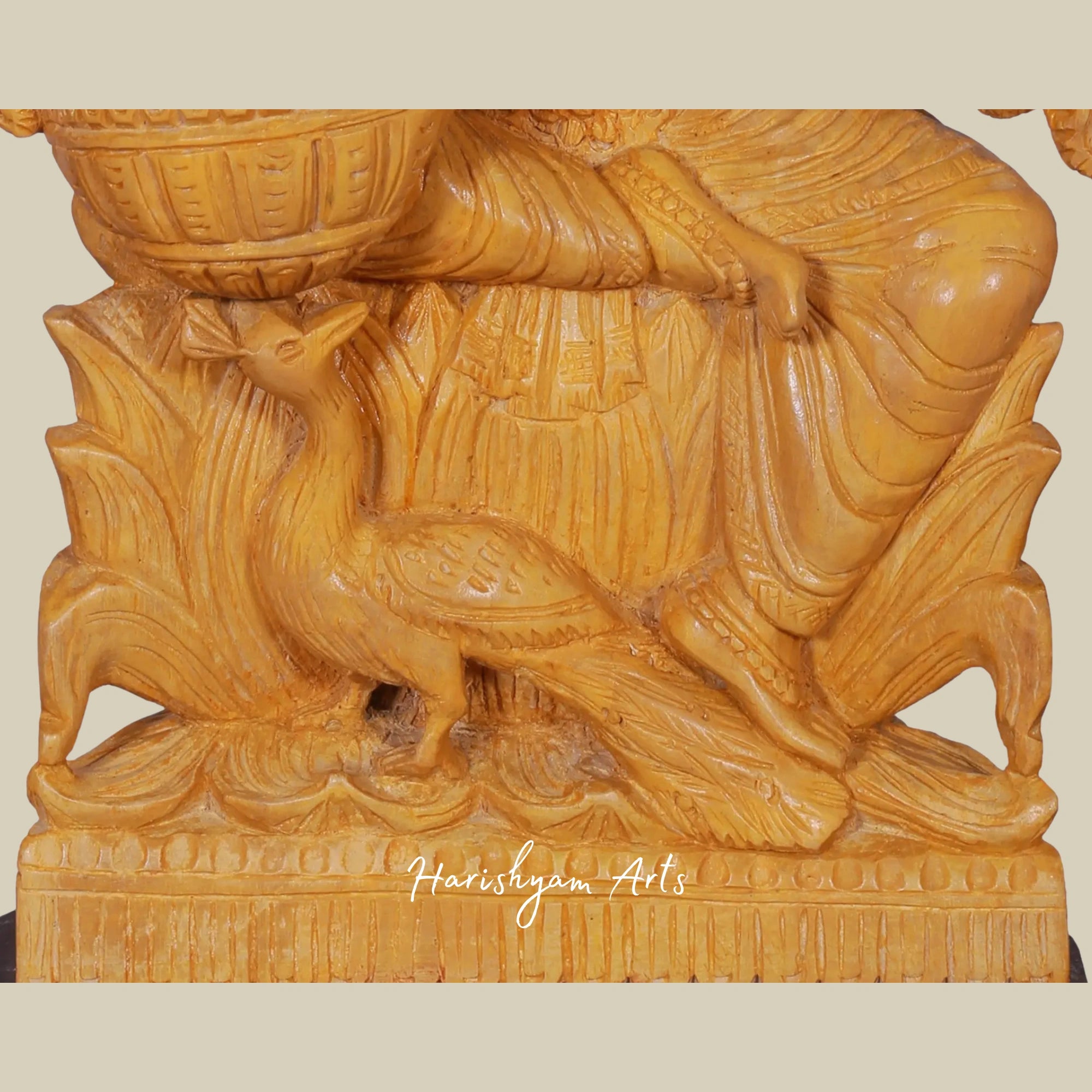 16" Wooden Saraswati Statue for Mandir with Peacock6