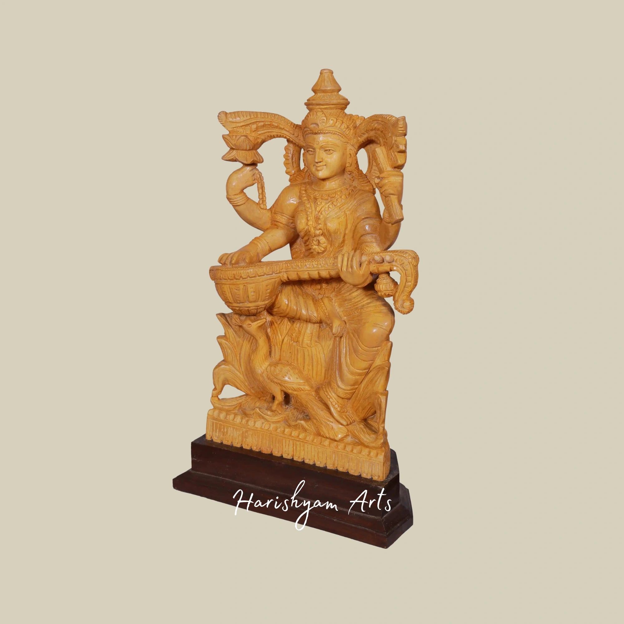 16" Wooden Saraswati Statue for Mandir with Peacock8