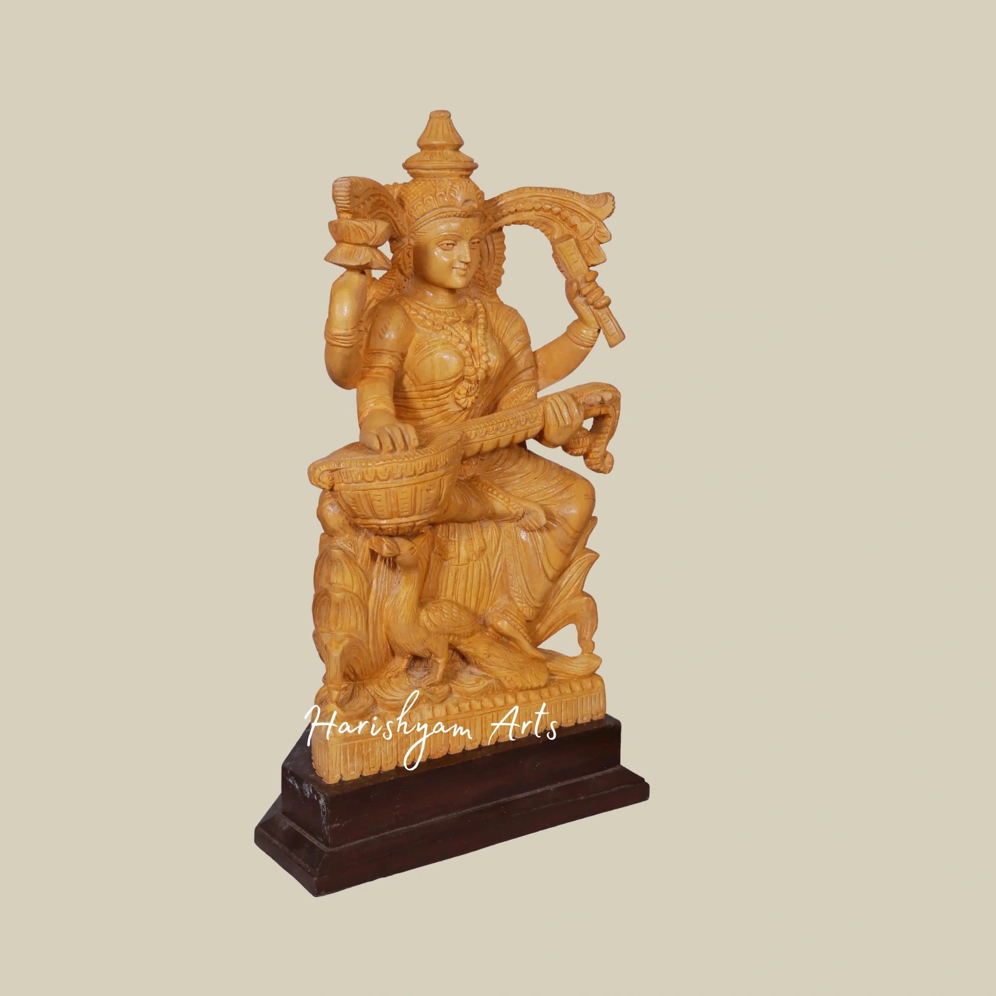 16" Wooden Saraswati Statue for Mandir with Peacock9
