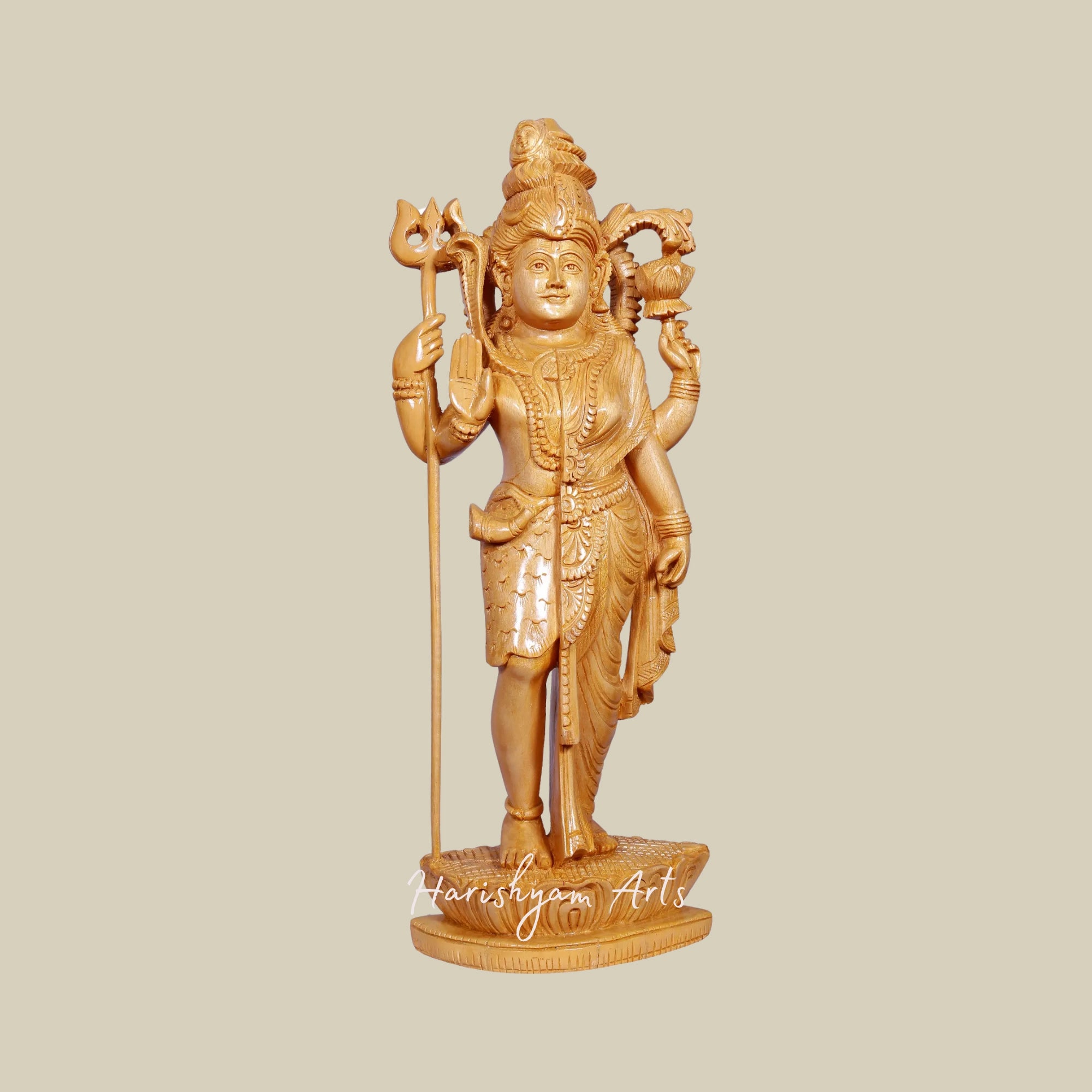 16" Handmade Wooden Ardhnareshwar Statue Standing with Trishul Exquisite Shiva Sculpture