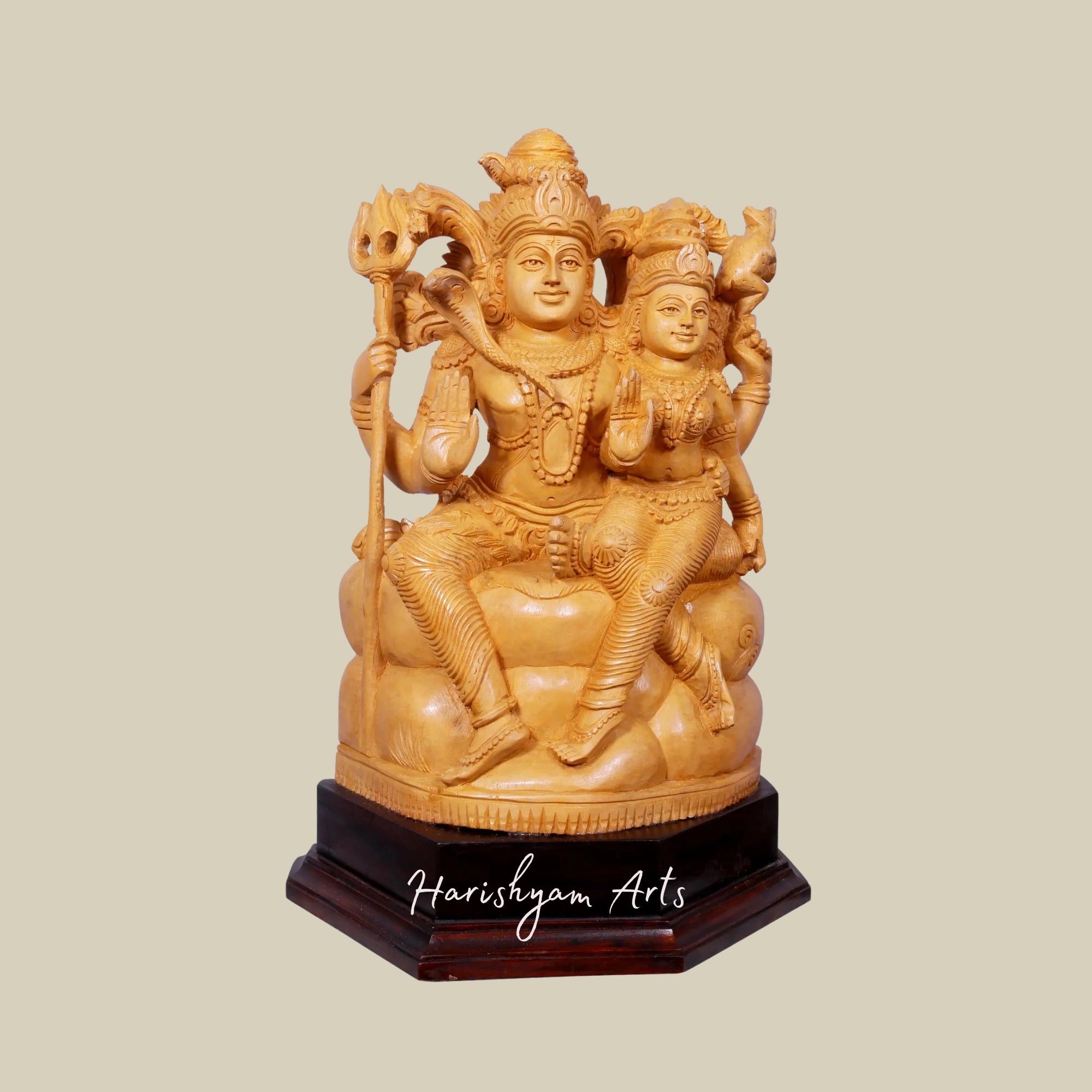 16" Lord Shiva with Parvati Wooden Idol Seated on Pedestal Perfect for Home Décor