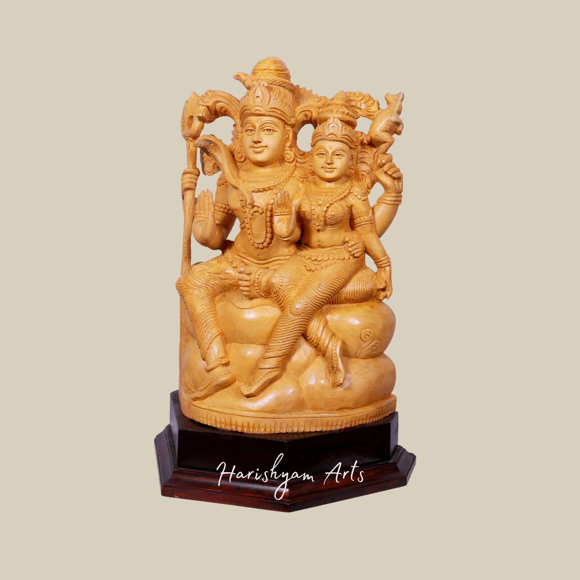 16" Lord Shiva with Parvati Wooden Idol Seated on Pedestal Perfect for Home Décor4