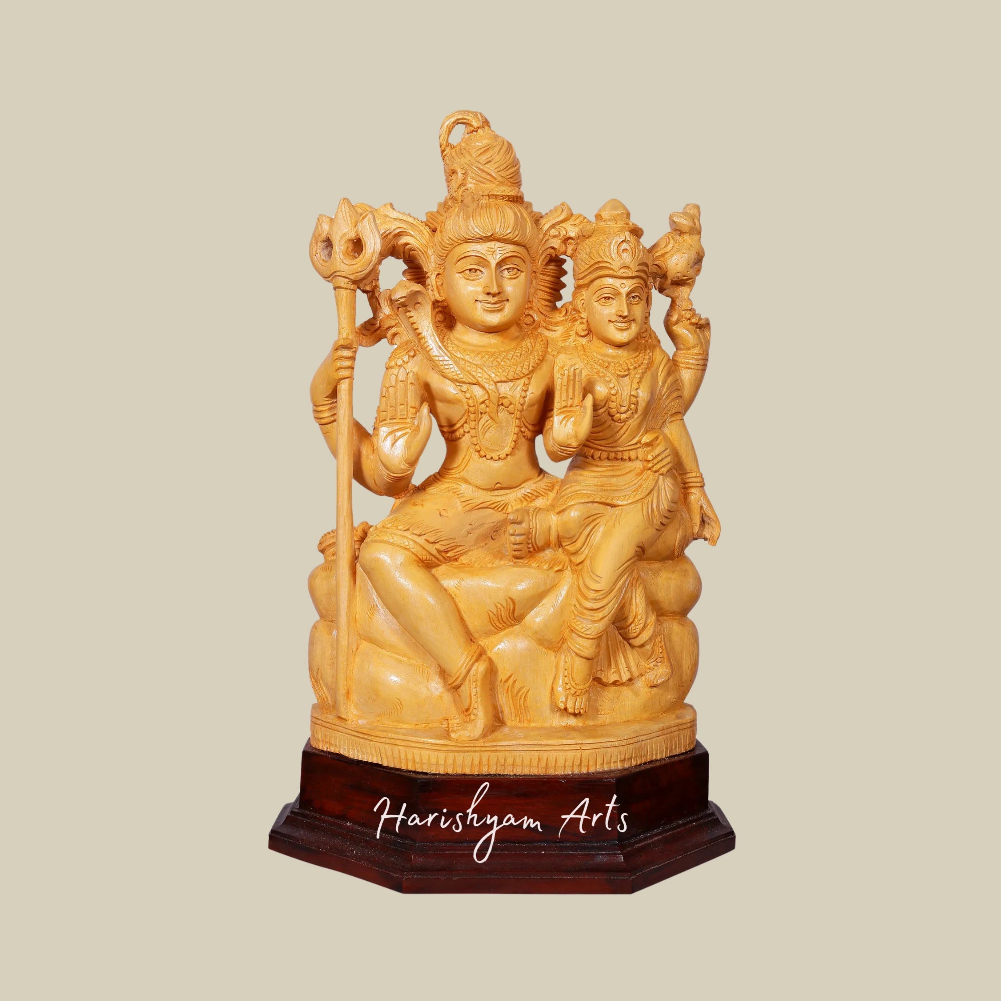 16" Wooden Shiva Parvati Seated on ThronE Wooden Statue for Pooja or Decor1