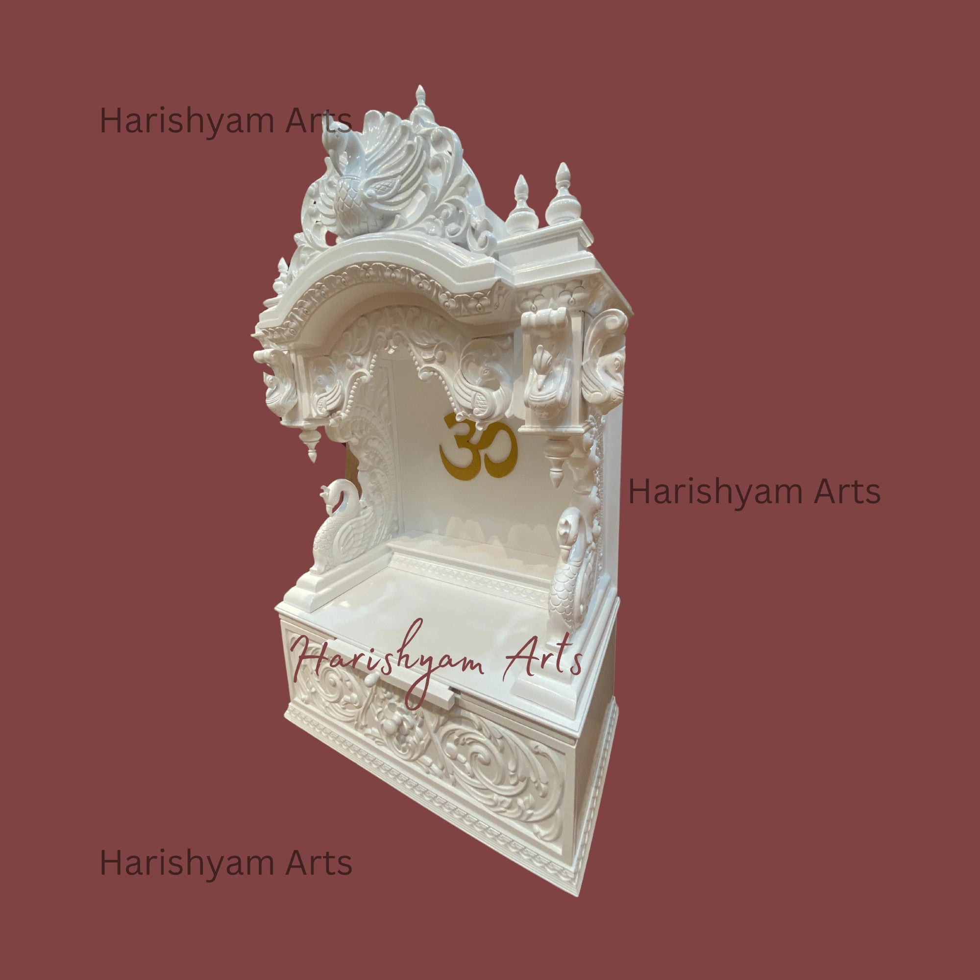 48" White Teak Wood Mandir with "Golden OM"