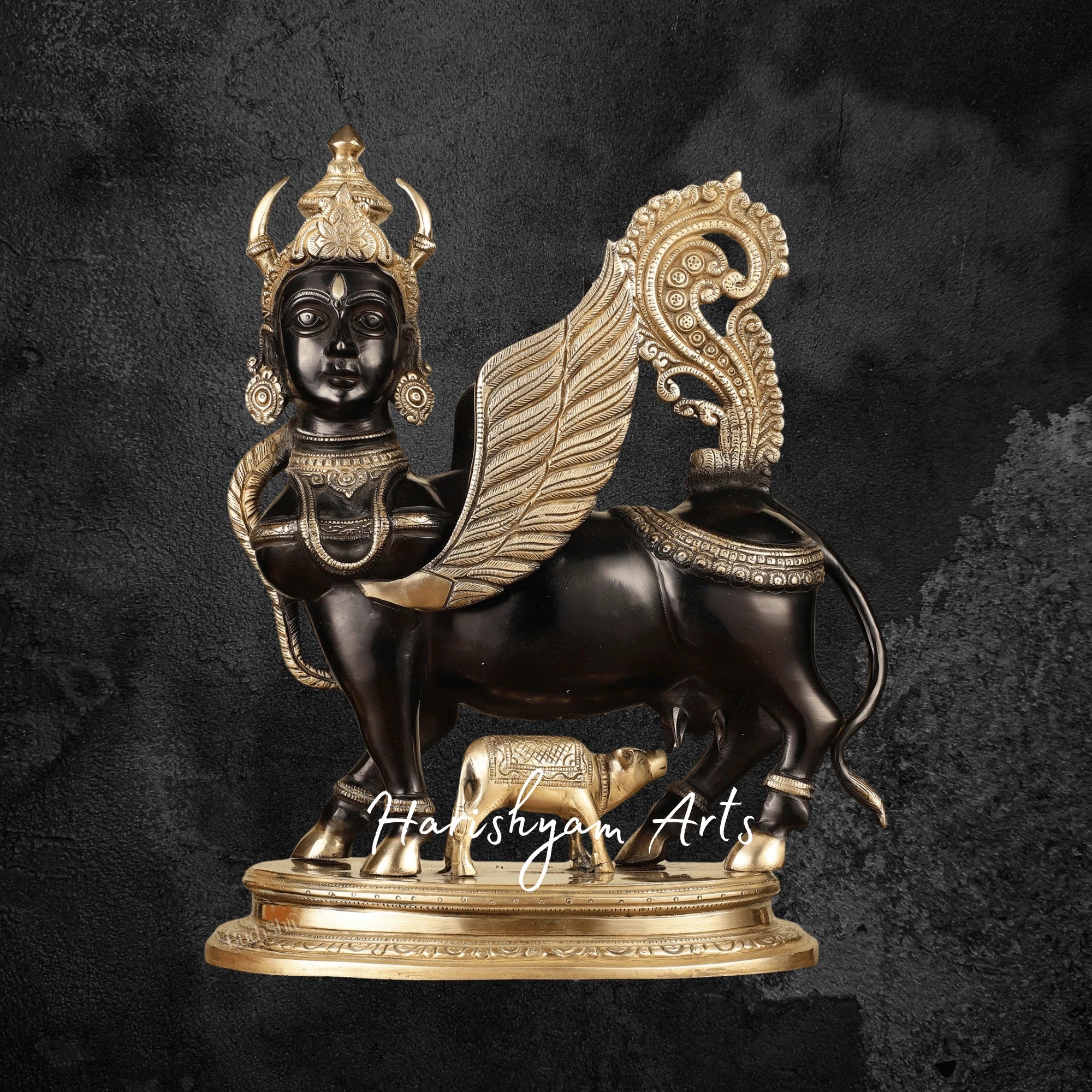 17" Black Finish Brass Kamdhenu Cow and Calf Statue for Elegant Décor
