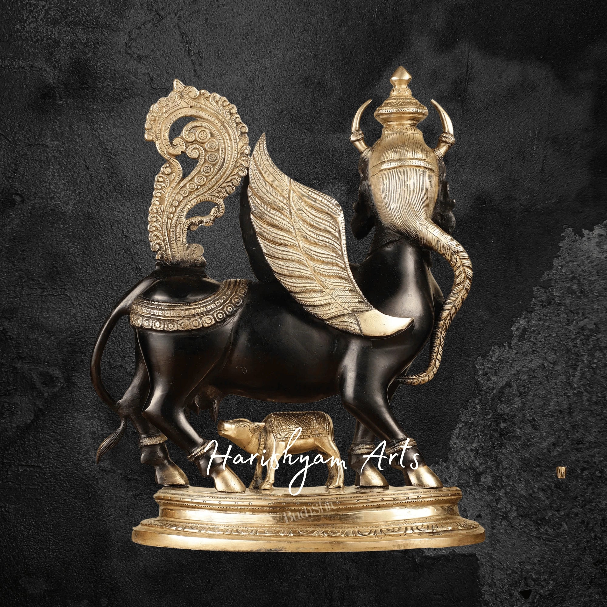 17" Black Finish Brass Kamdhenu Cow and Calf Statue for Elegant Décor