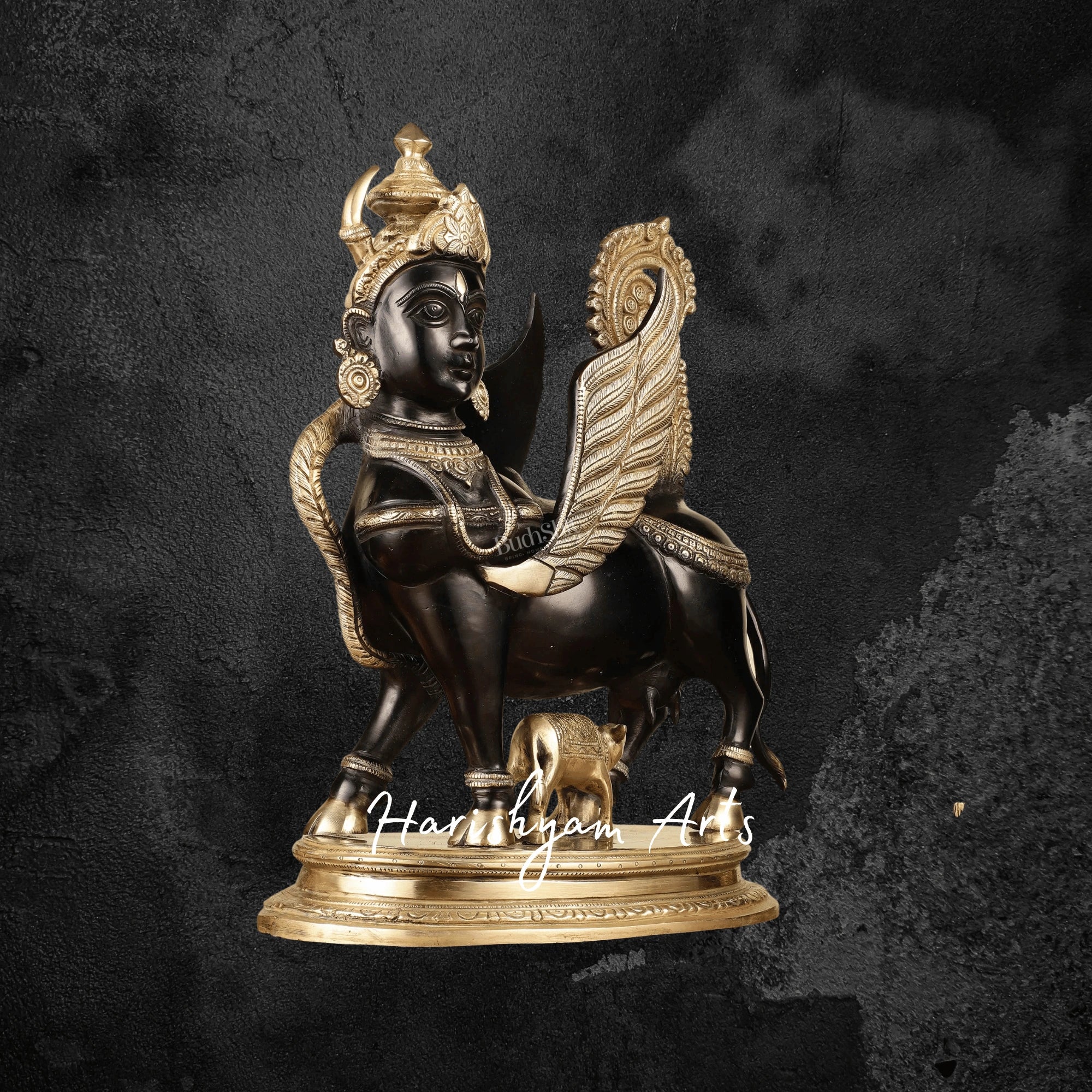 17" Black Finish Brass Kamdhenu Cow and Calf Statue for Elegant Décor