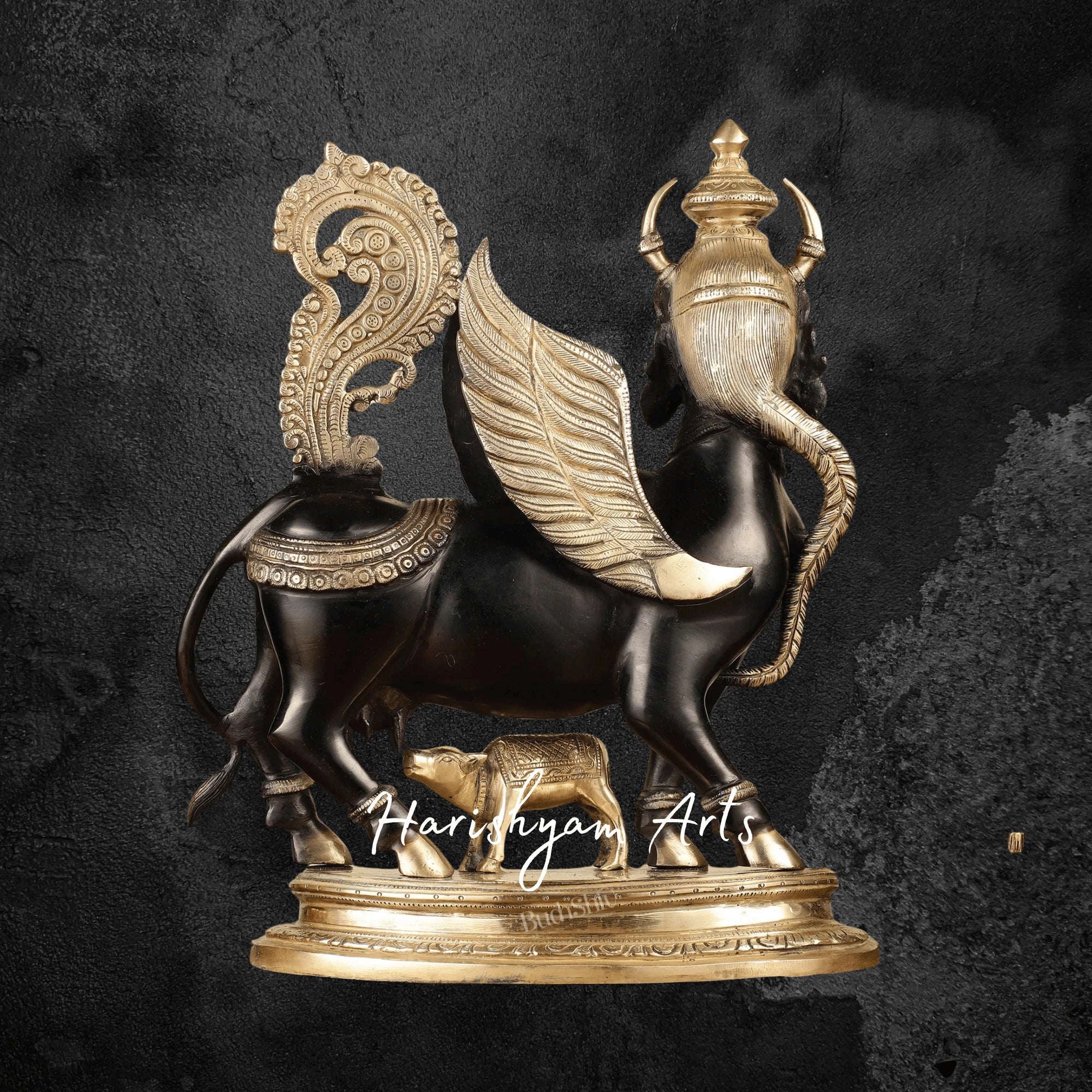 17" Black Finish Brass Kamdhenu Cow and Calf Statue for Elegant Décor
