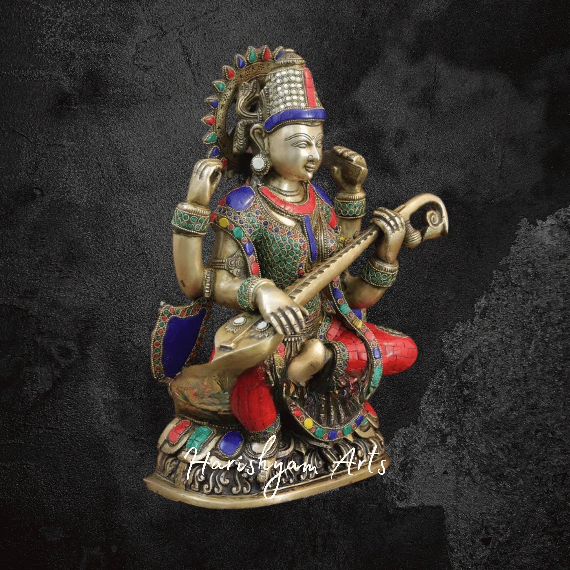 17" Brass Saraswati Idol Seated on Lotus Playing Sitar with Fine Stone and Golden Accents