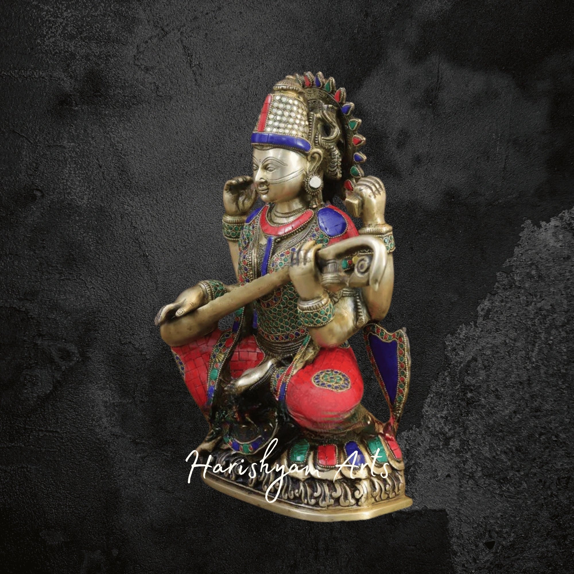 17" Brass Saraswati Idol Seated on Lotus Playing Sitar with Fine Stone and Golden Accents