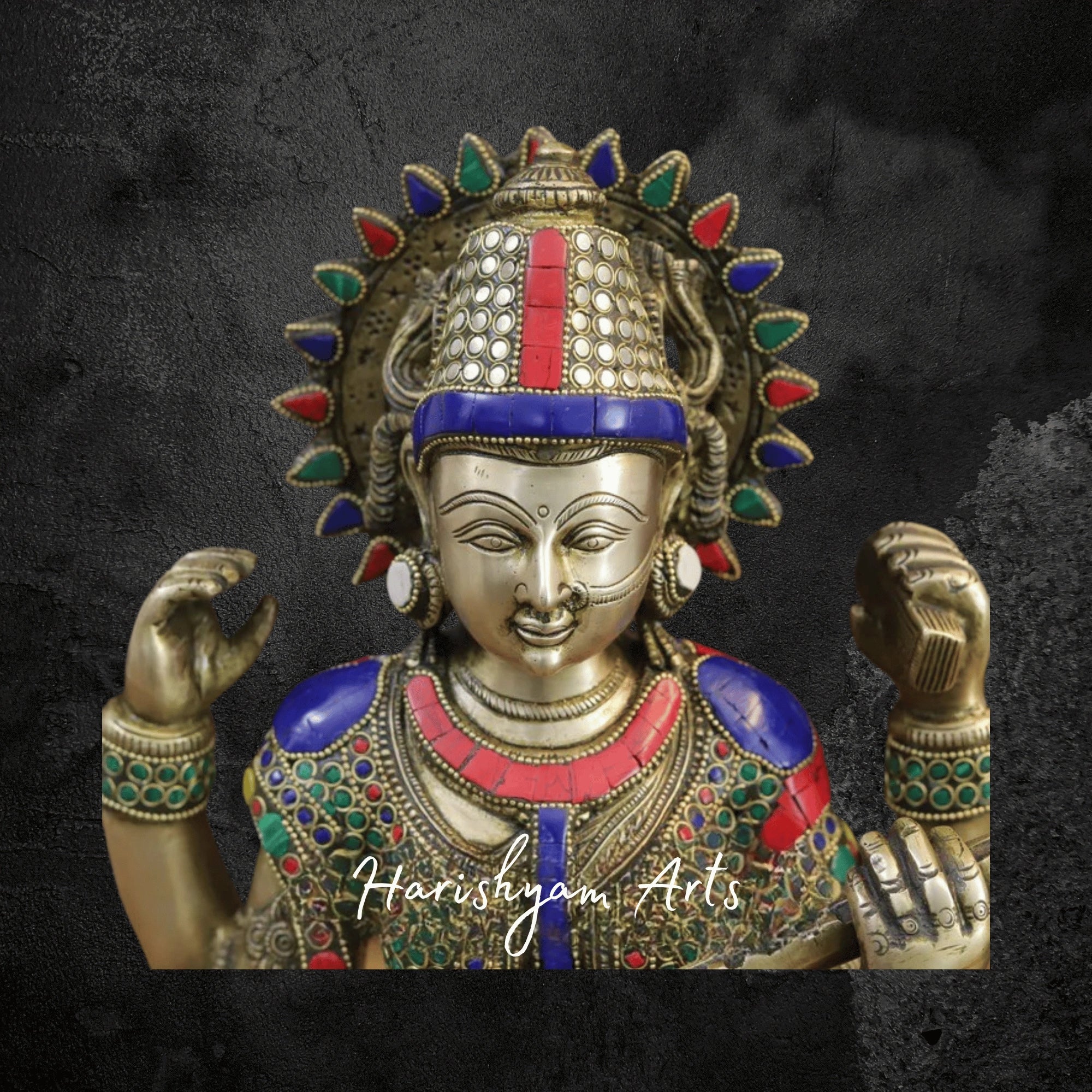 17" Brass Saraswati Idol Seated on Lotus Playing Sitar with Fine Stone and Golden Accents
