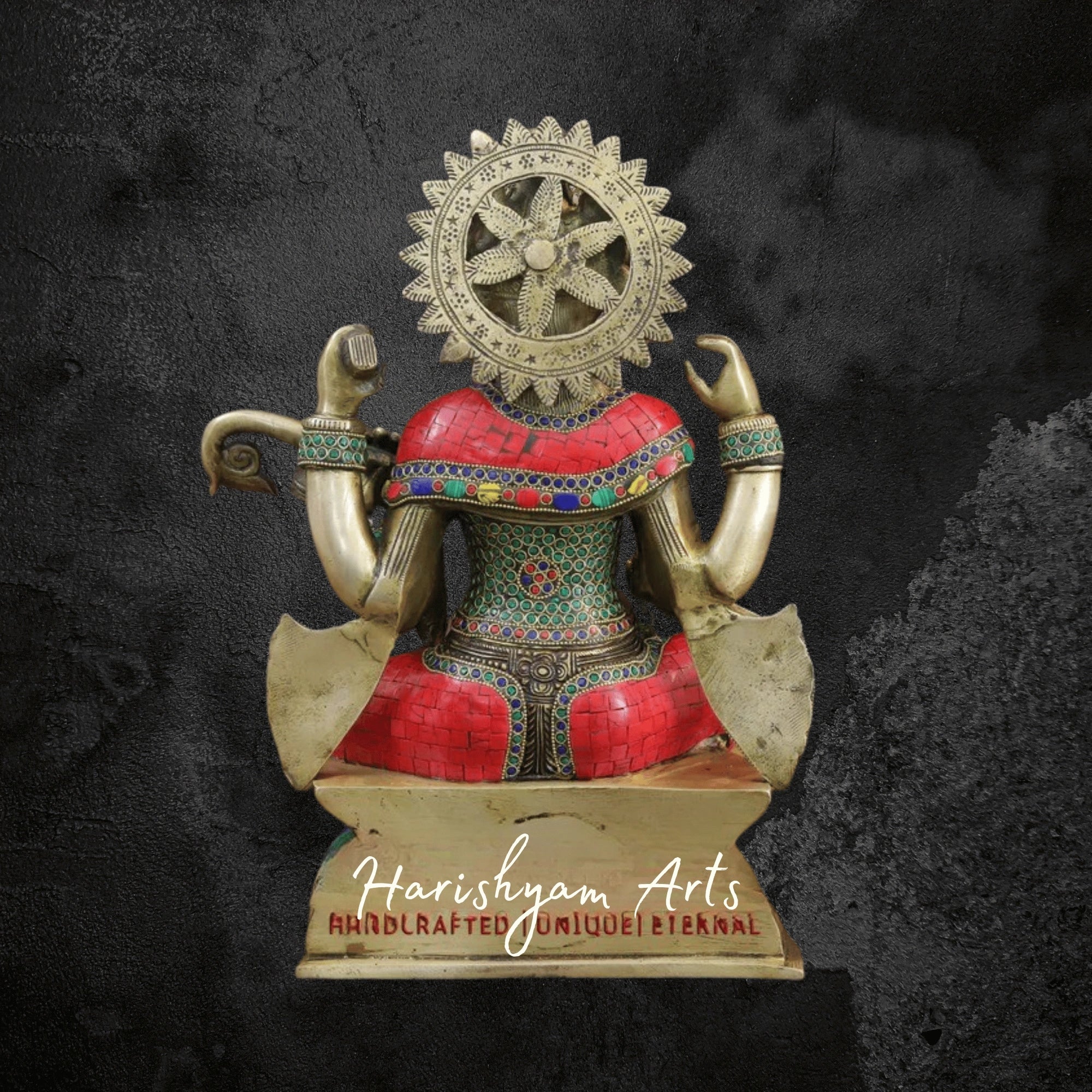 17" Brass Saraswati Idol Seated on Lotus Playing Sitar with Fine Stone and Golden Accents