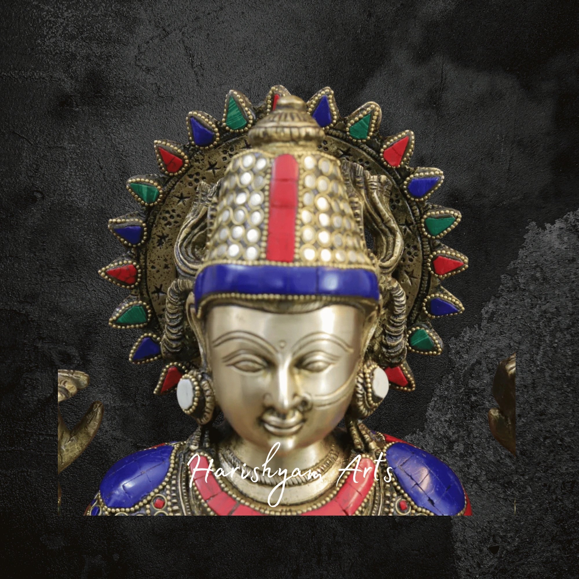 17" Brass Saraswati Idol Seated on Lotus Playing Sitar with Fine Stone and Golden Accents