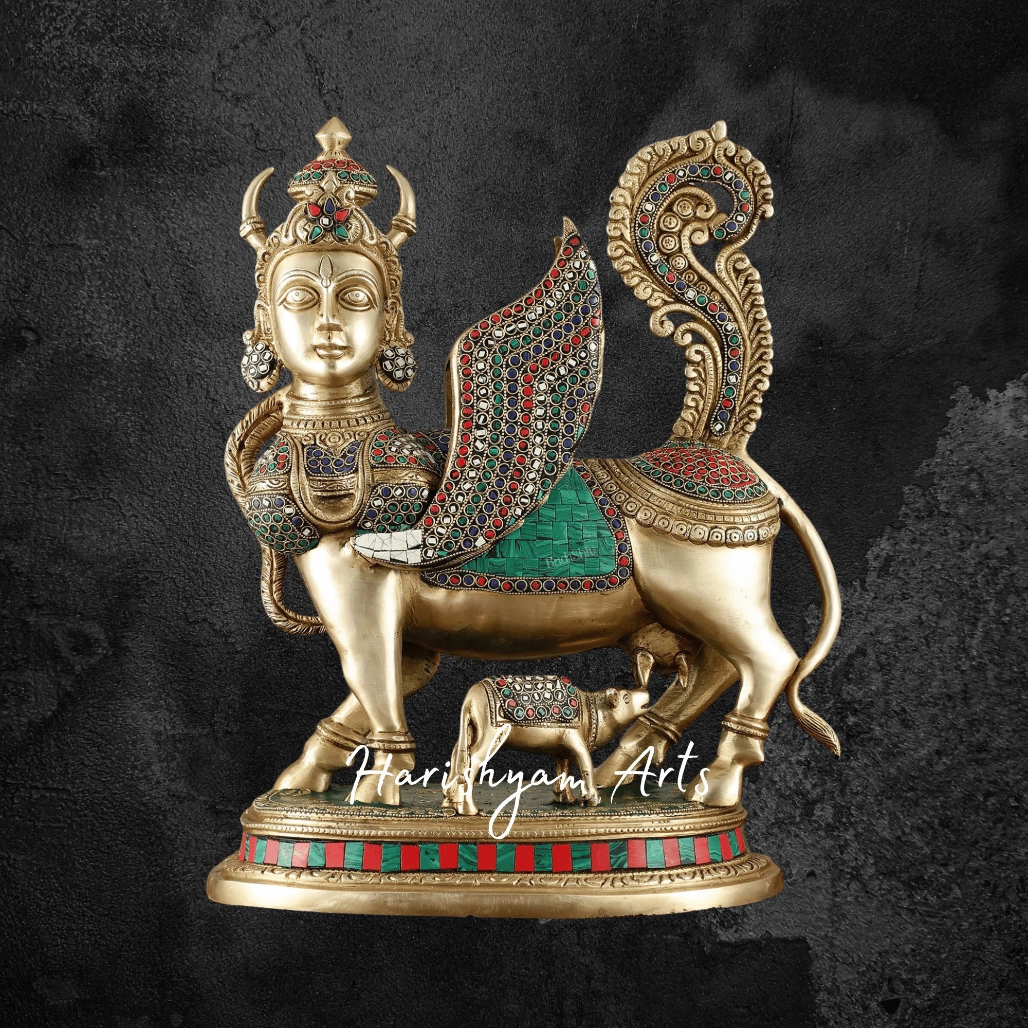 17" Bright Brass Kamadhenu Cow and Calf Idol for Spiritual Décor
