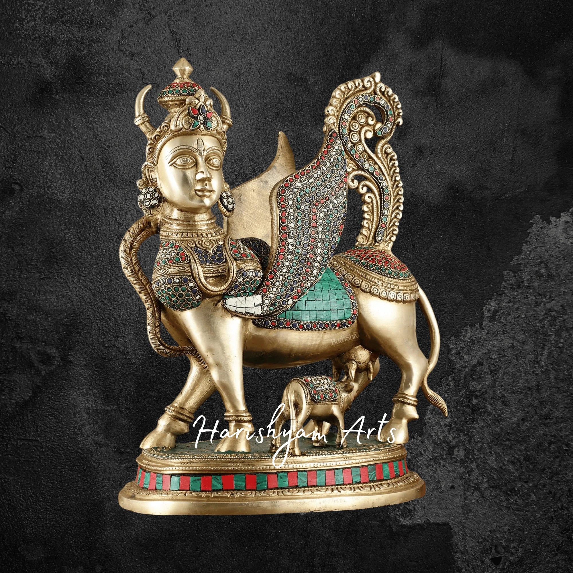 17" Bright Brass Kamadhenu Cow and Calf Idol for Spiritual Décor