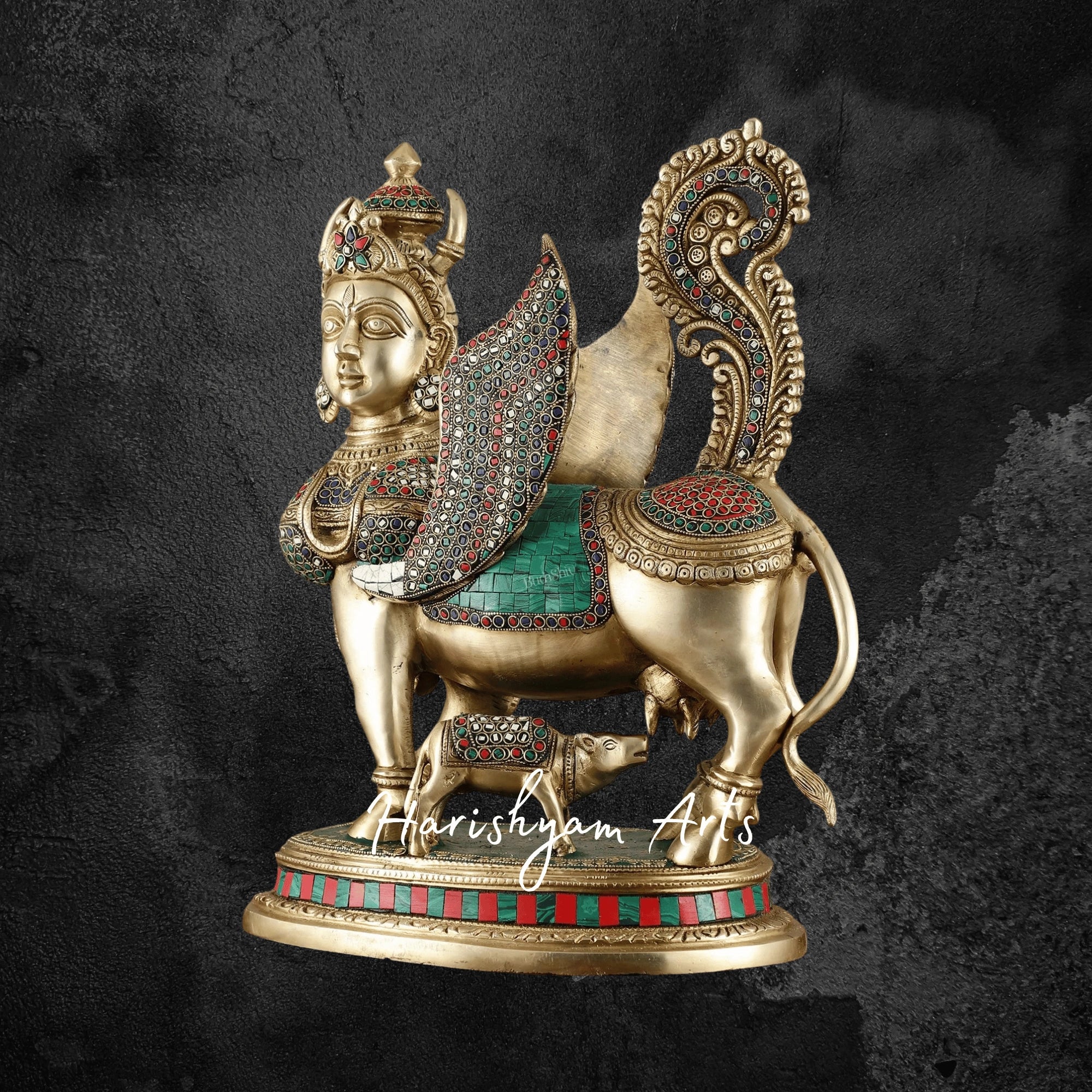 17" Bright Brass Kamadhenu Cow and Calf Idol for Spiritual Décor