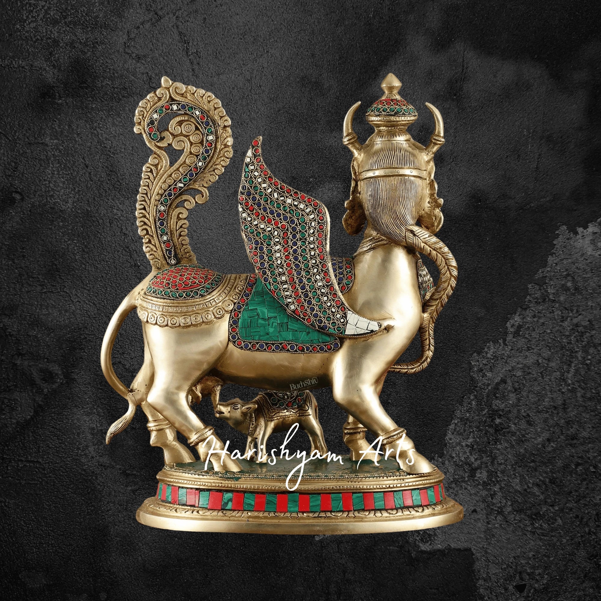 17" Bright Brass Kamadhenu Cow and Calf Idol for Spiritual Décor