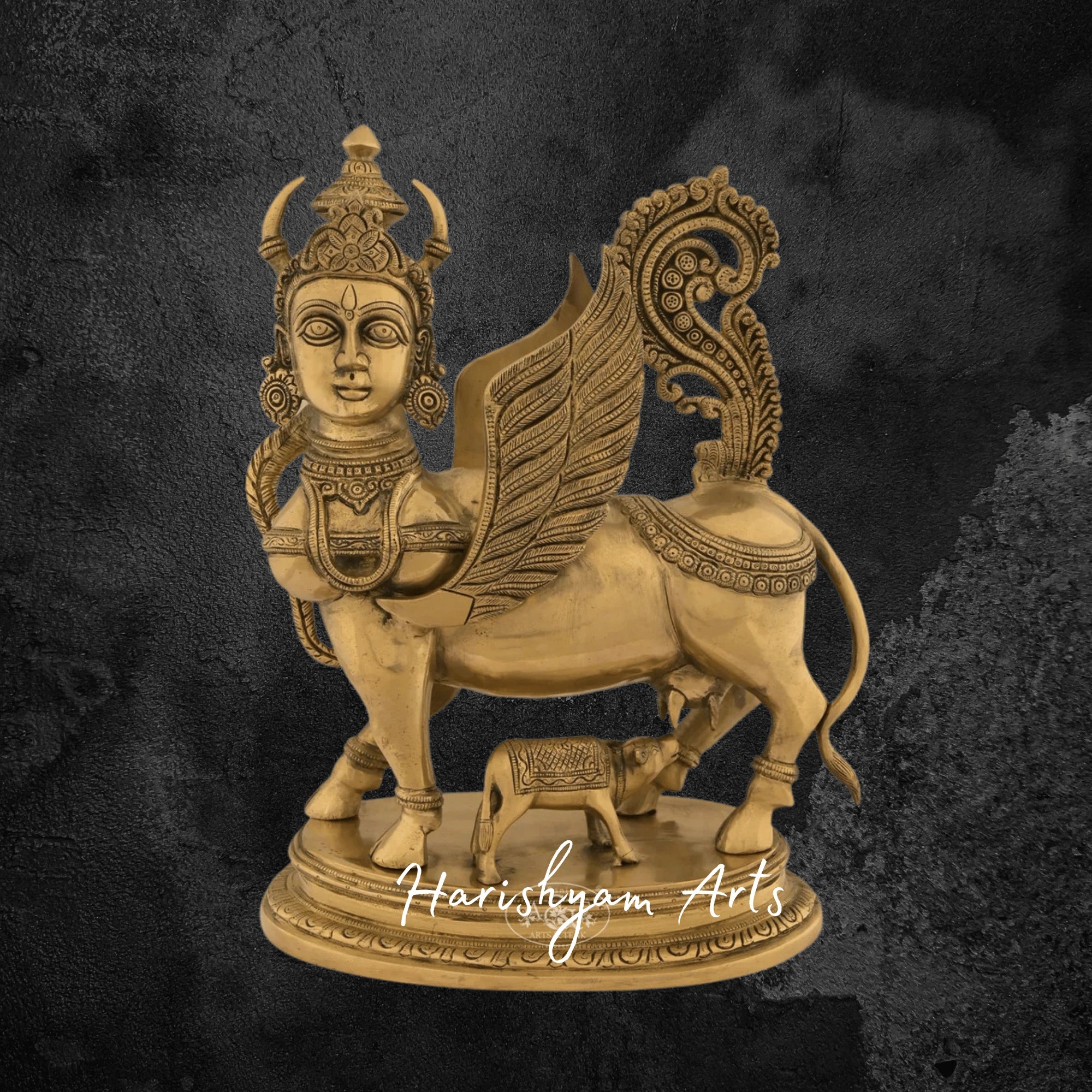 17" Divine Brass Kamadhenu Idol with Calf for Vastu and Pooja Room