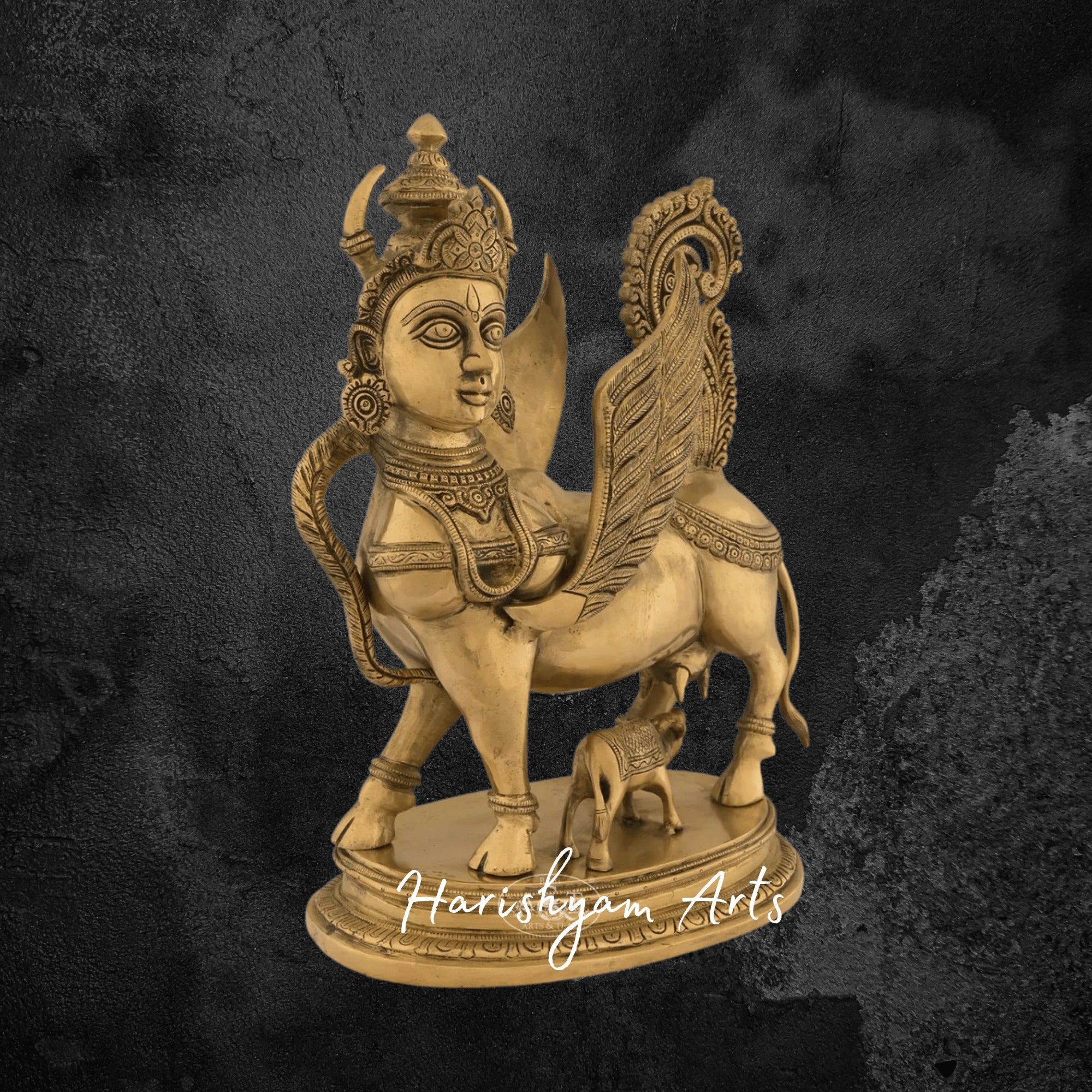 17" Divine Brass Kamadhenu Idol with Calf for Vastu and Pooja Room