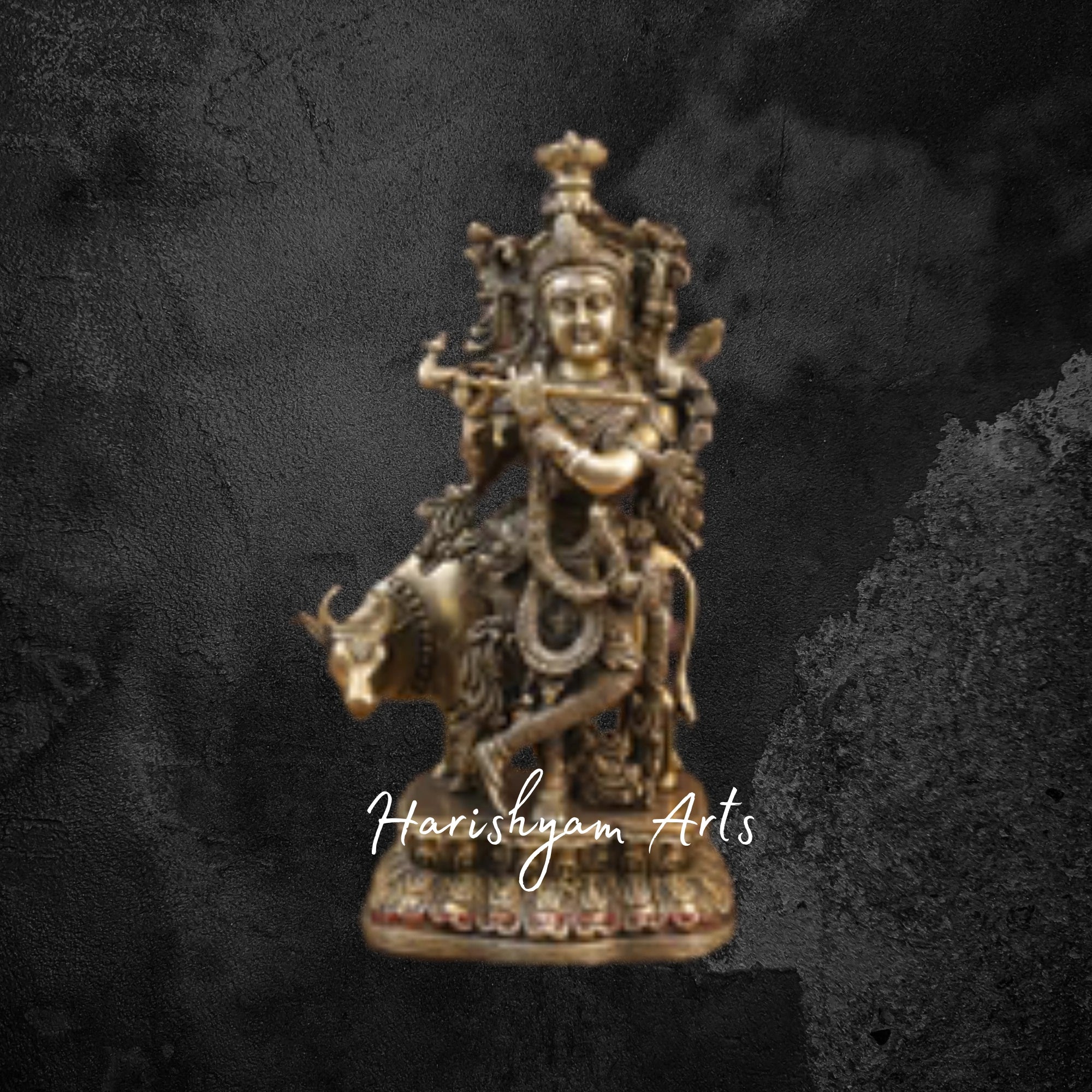 17" Divine Brass Krishna with Cow in Fine Gold Finish