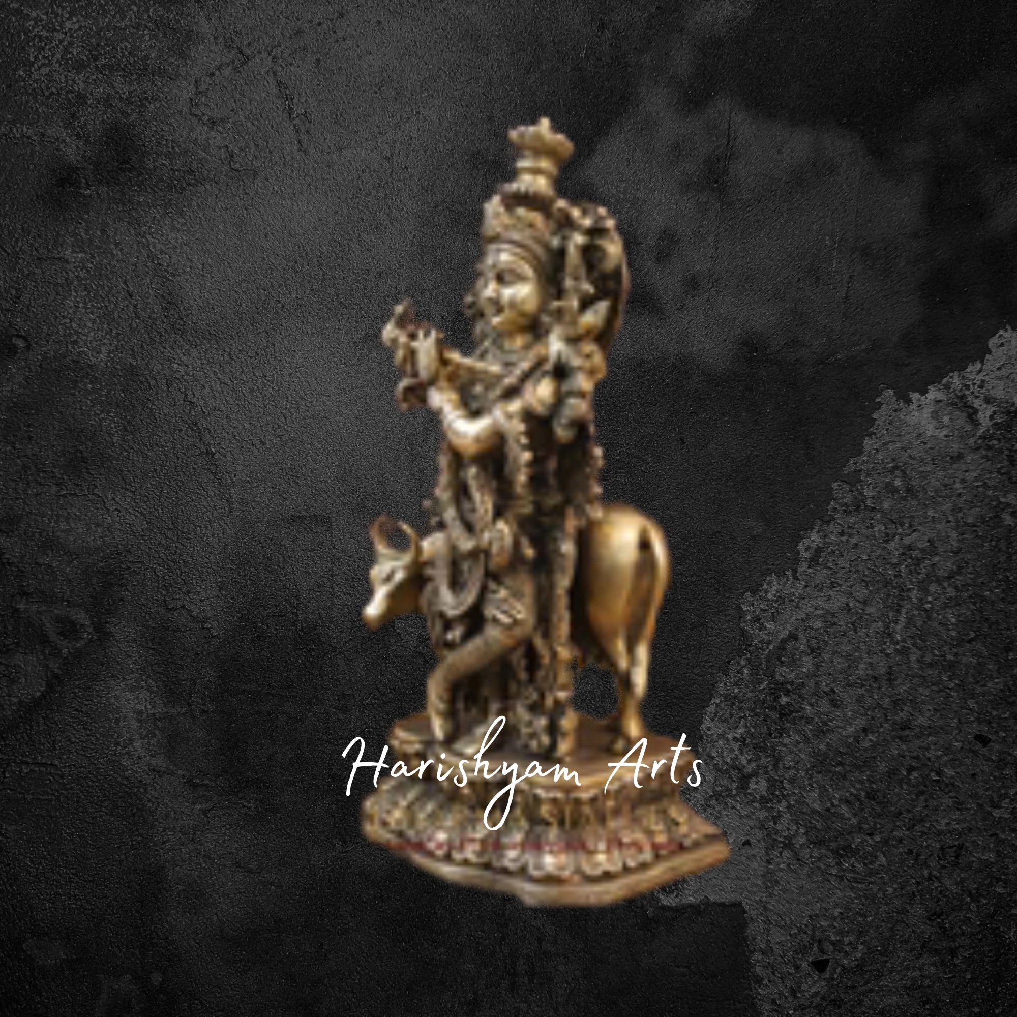 17" Divine Brass Krishna with Cow in Fine Gold Finish