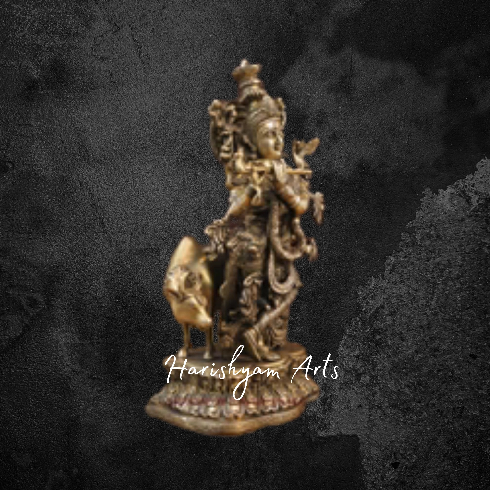 17" Divine Brass Krishna with Cow in Fine Gold Finish